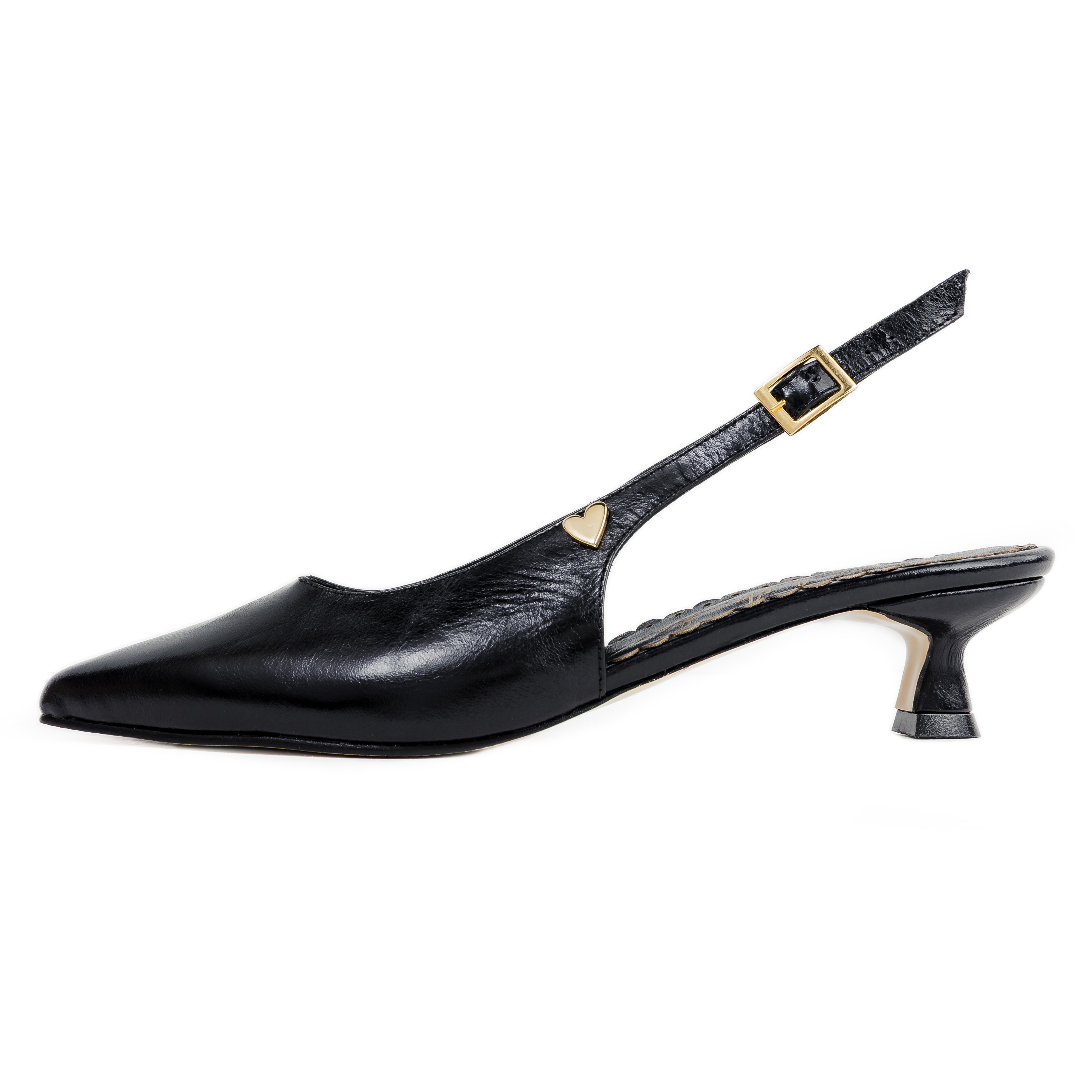 Celia Pointed Low Heels - Black by Nataly Mendez, Genuine leather upper material, Adjustable
Insole made of leather, Hand made, 3.5 inch heel height, Slingback strap, Pointed toe