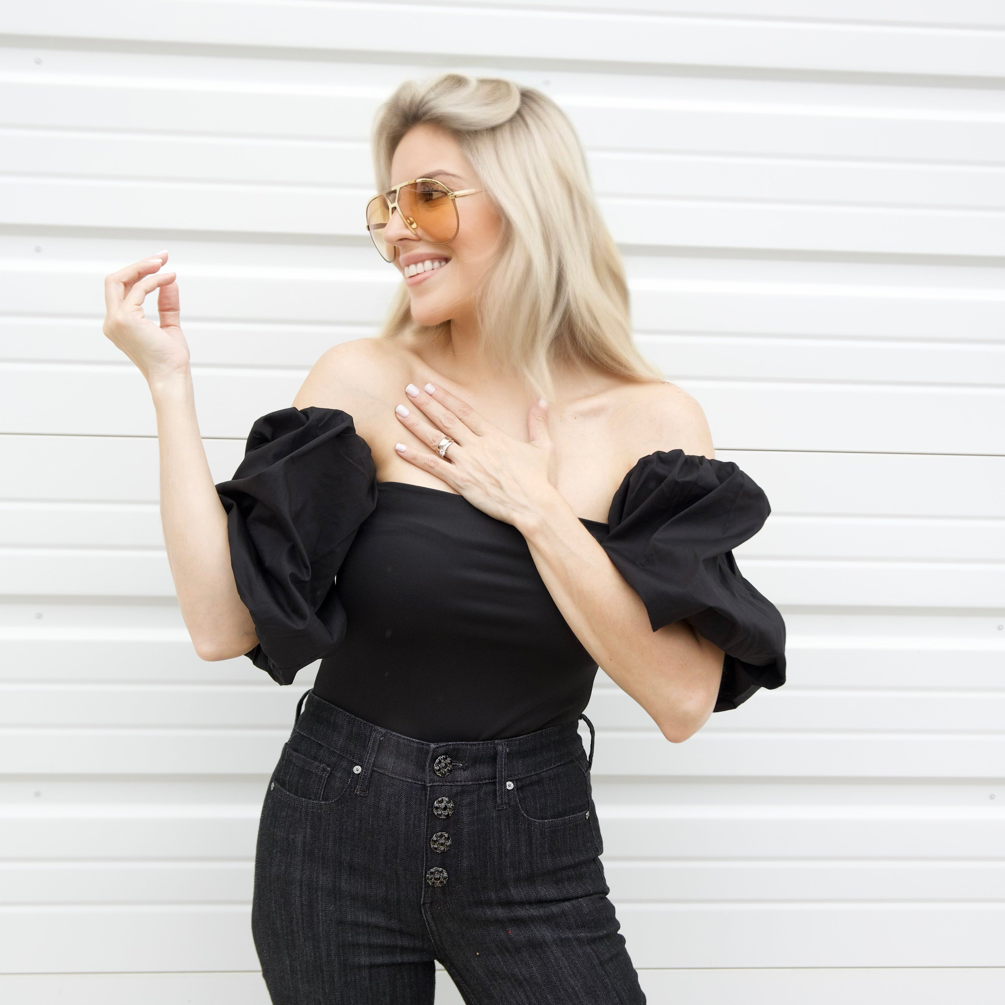 Michelle Off Shoulder Puff Sleeve Bodysuit - Black