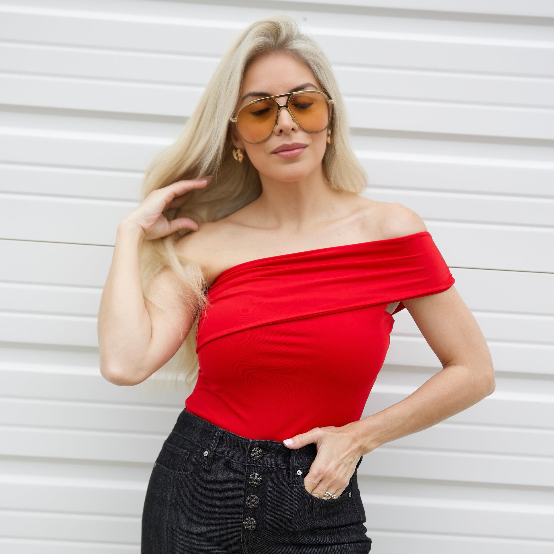 Red one shoulder bodysuit on sale