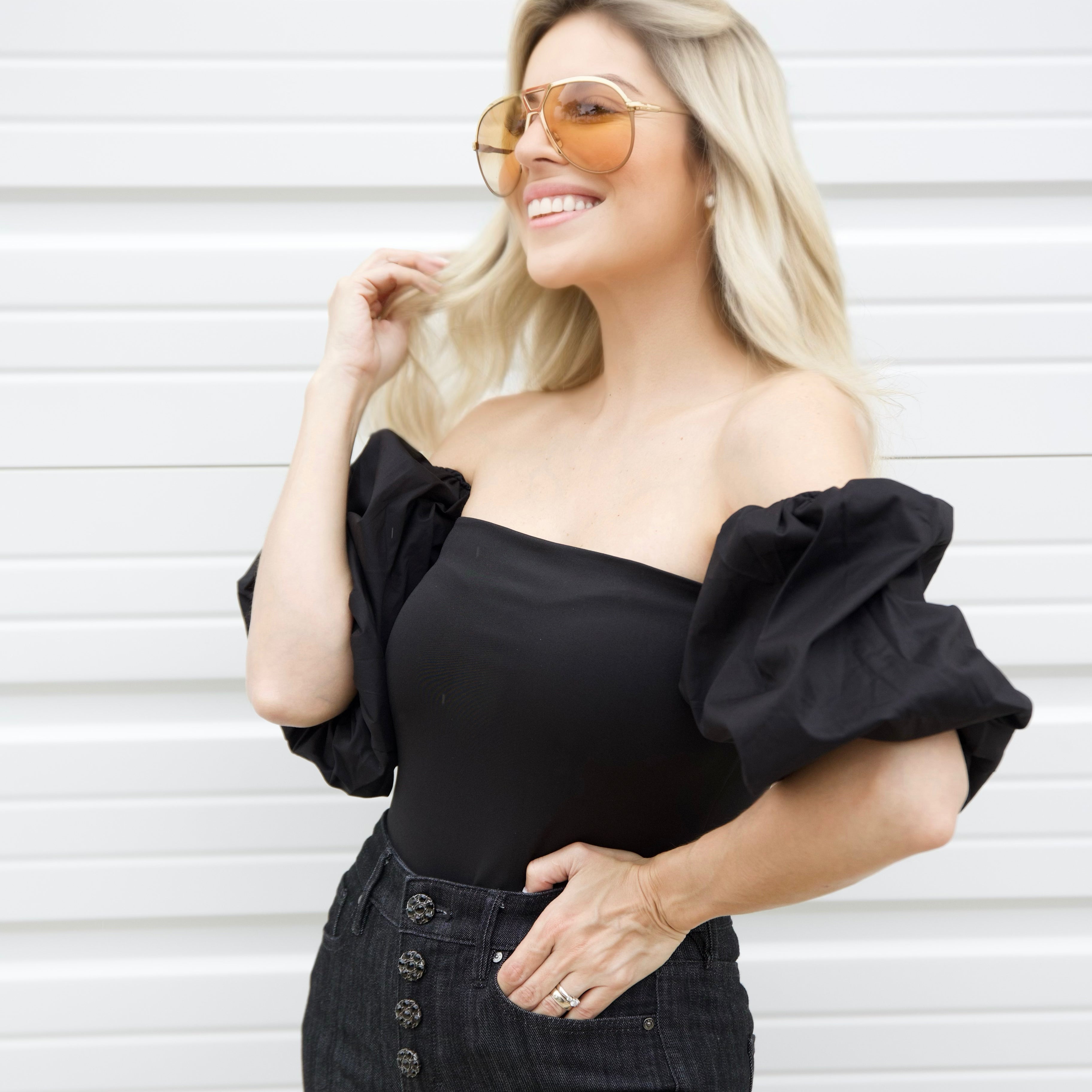 Michelle Off Shoulder Puff Sleeve Bodysuit - Black