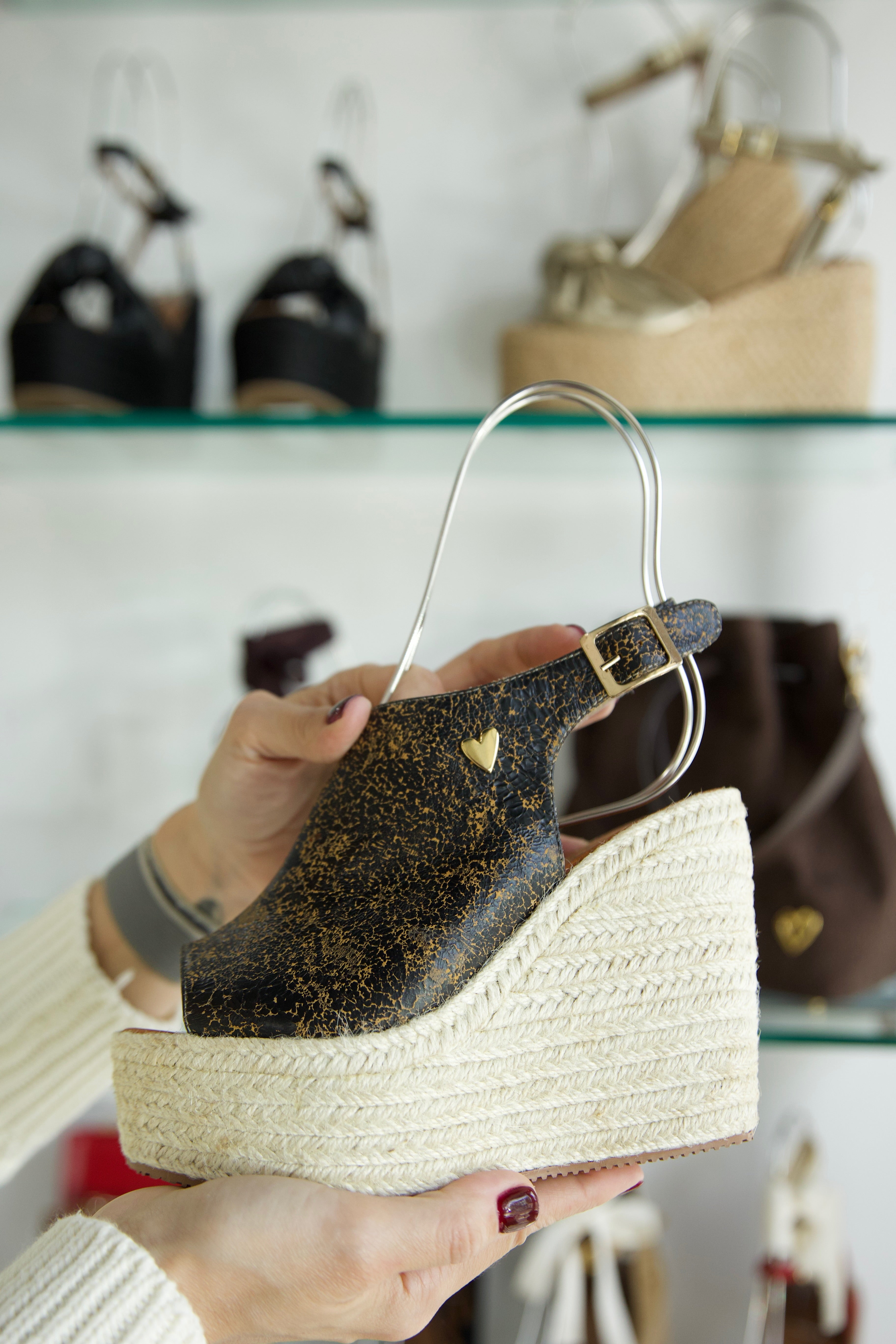 Rehina Espadrilles - Black by Nataly Mendez, Genuine leather upper material, Adjustable ankle strap, Genuine leather insole lining, Flexible rubber sole, Handmade, 4.2 inch high heel, 1.8 inch platform