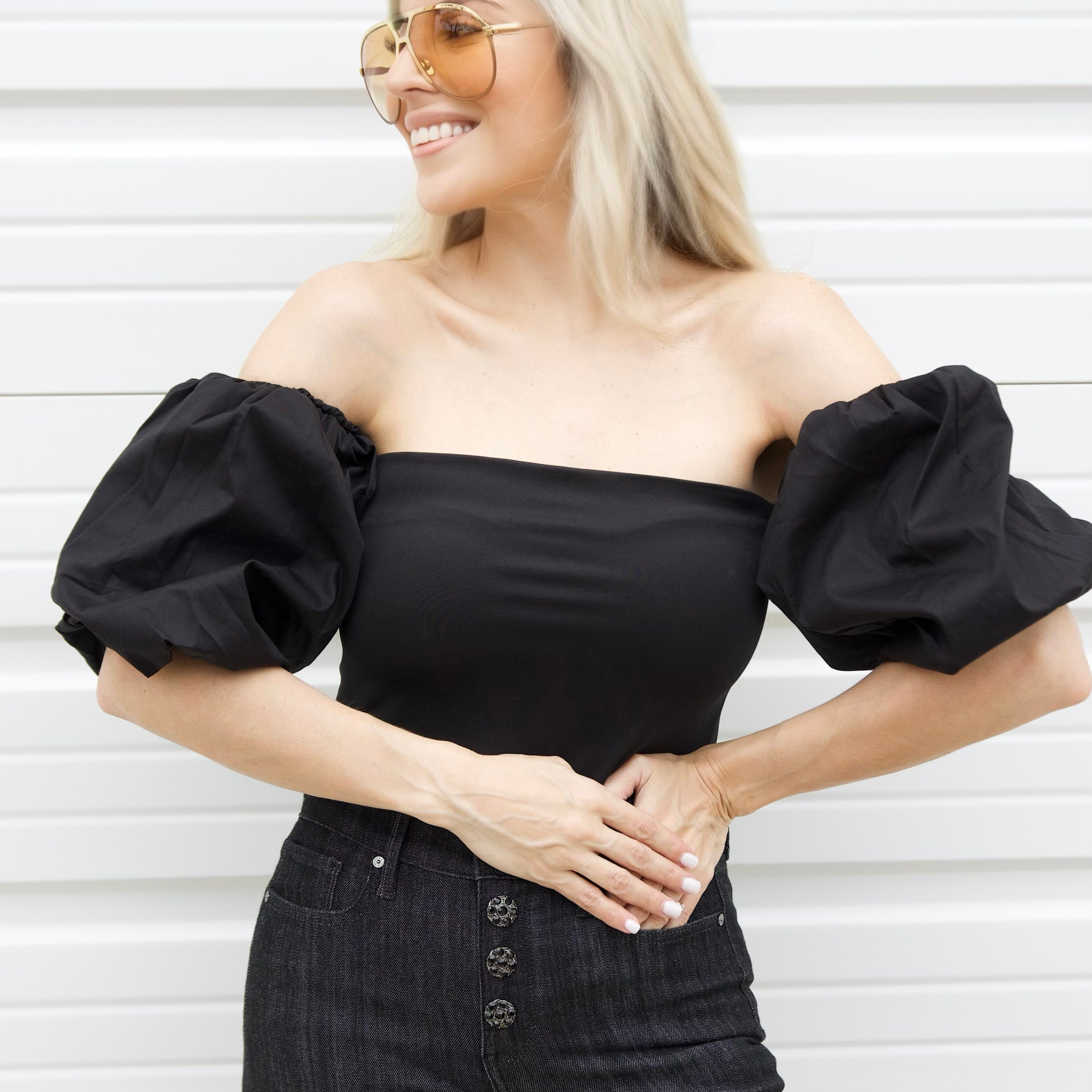 Michelle Off Shoulder Puff Sleeve Bodysuit - Black