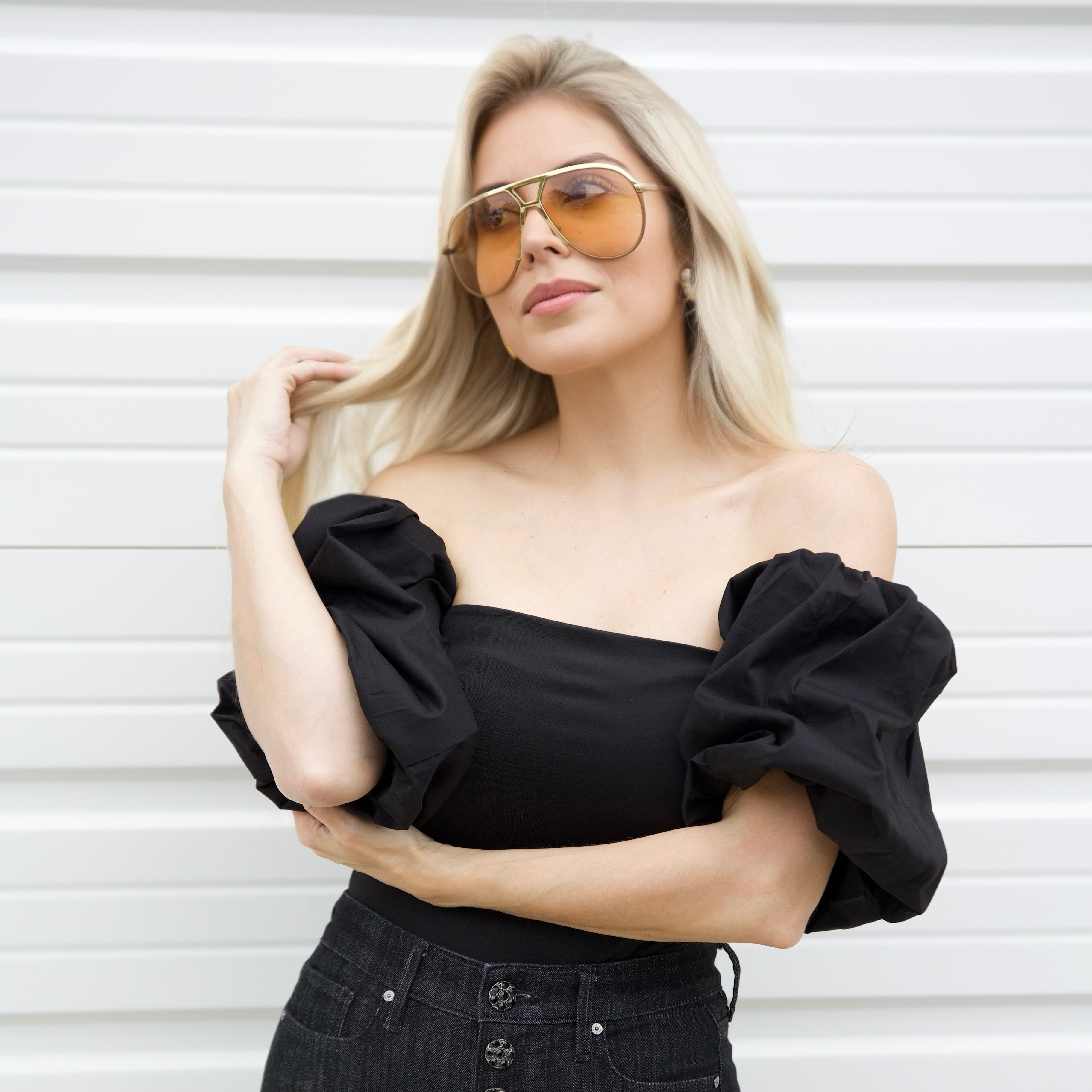 Michelle Off Shoulder Puff Sleeve Bodysuit - Black