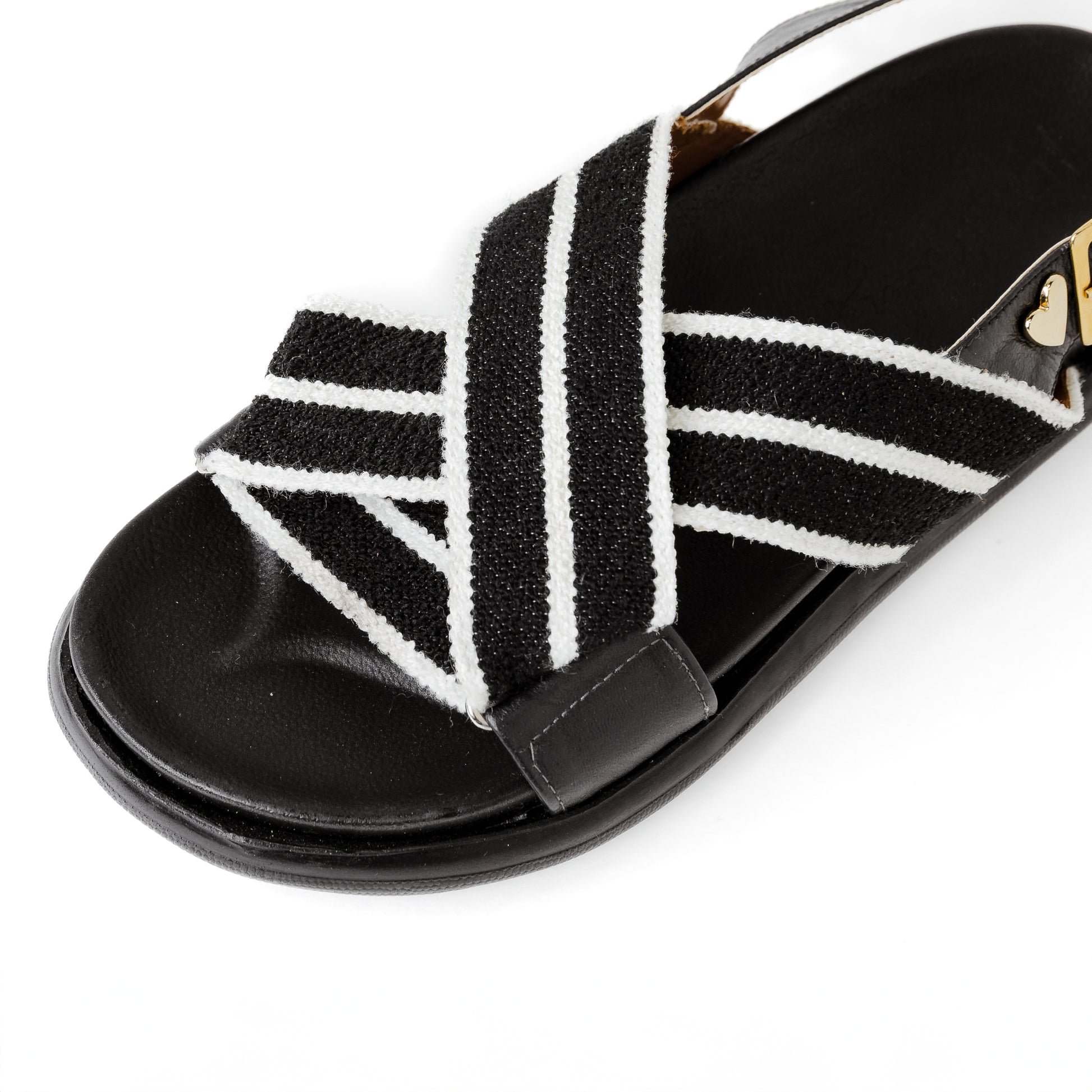 Alhana Stripes Sandals - Black by Nataly Mendez, Upper material made of genuine leather and fabric, Genuine leather lining, Flexible rubber sole, 1 inch sole thickness, Round open toe, Molded foot bed, Adjustable