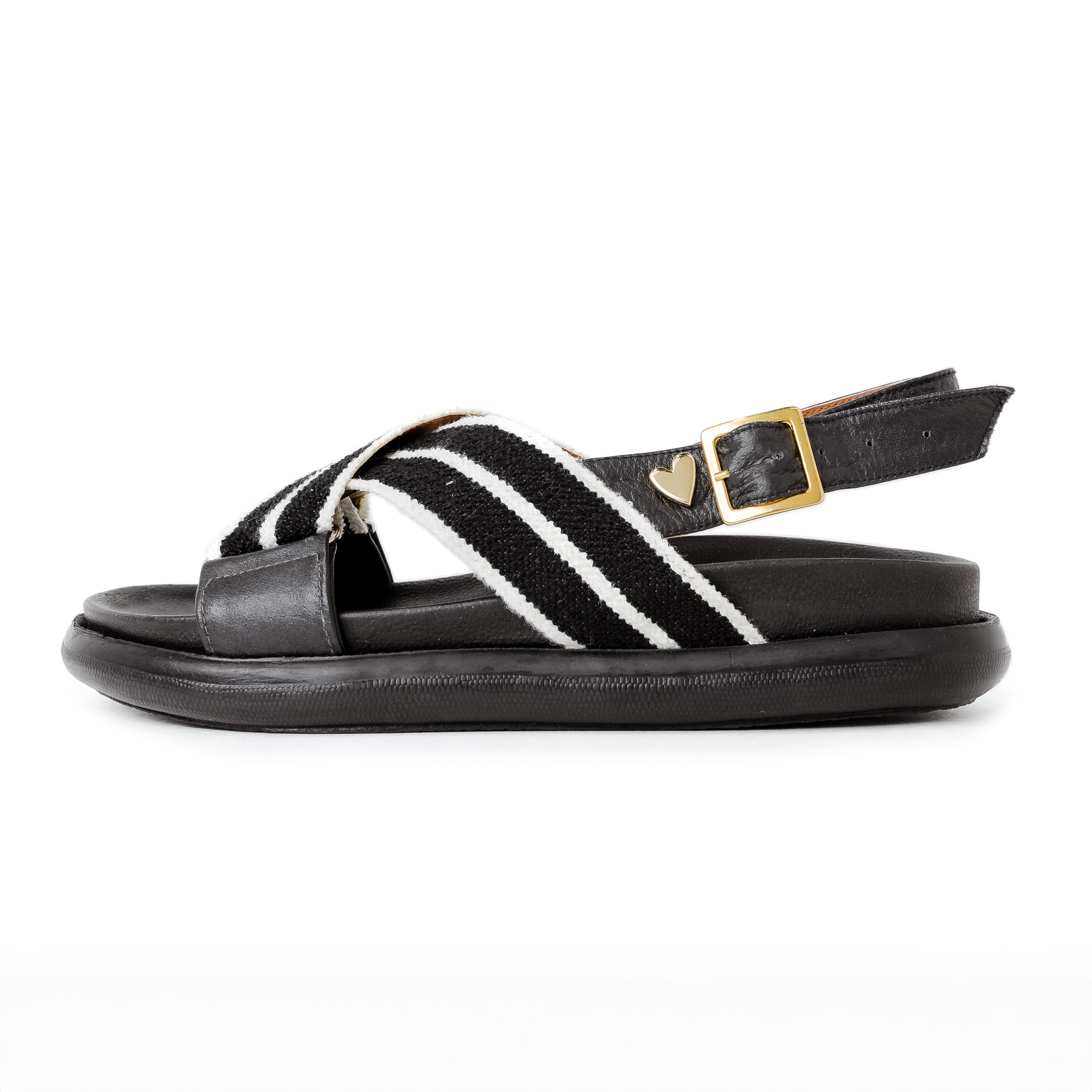 Alhana Stripes Sandals - Black by Nataly Mendez, Upper material made of genuine leather and fabric, Genuine leather lining, Flexible rubber sole, 1 inch sole thickness, Round open toe, Molded foot bed, Adjustable