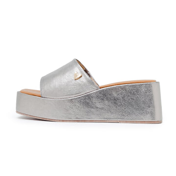 Beth Sandals - Silver by Nataly Mendez, Genuine leather upper material Genuine leather insole lining Hand made 2.5 inch heel height 1.2 inch platform Wide band upper Open toe Slide style