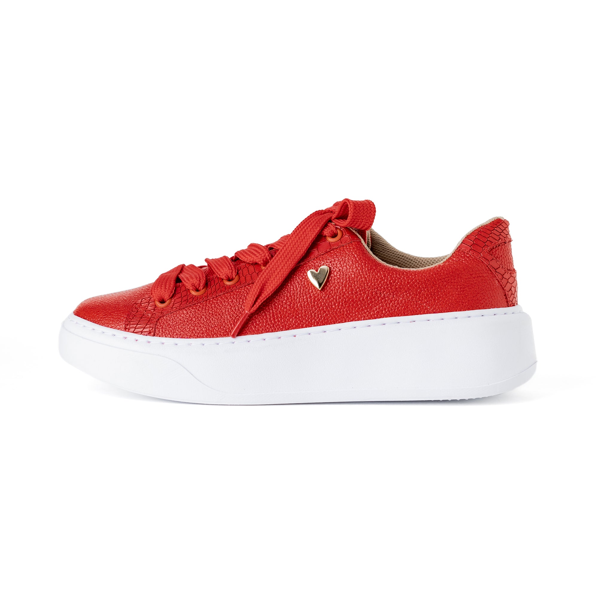 Briana Sneakers - Red by Nataly Mendez, Genuine leather upper material Genuine leather insole lining Rubber platform lining American sizes Flexible rubber outsole Hand made 1.5 inch heel height 1 inch platform