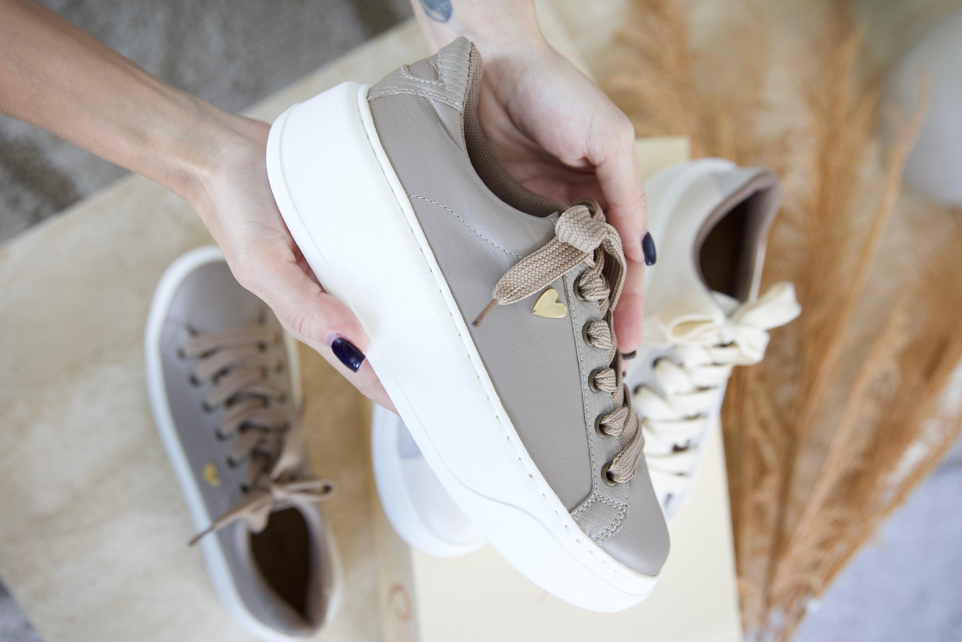 Briana Taupe Sneakers by Nataly Mendez Genuine leather upper material Genuine leather insole lining Rubber platform lining American sizes Flexible rubber outsole Hand made 1.5 inch heel height 1 inch platform