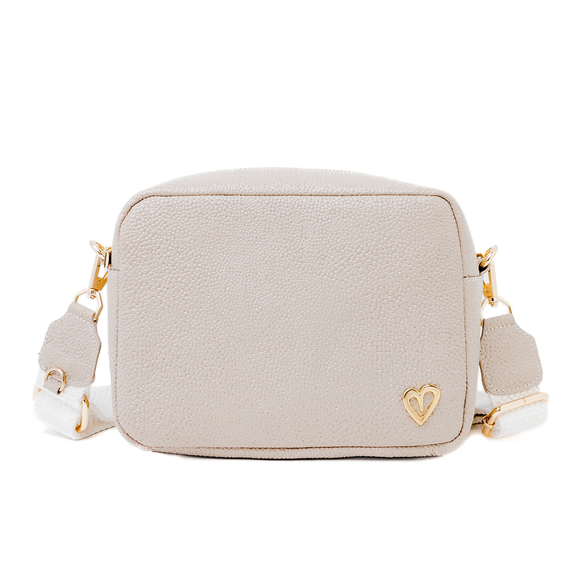 Carlotha Crossbody Bag - Nude By Nataly Mendez, Genuine Leather Adjustable 22 CM X 16 CM X 9 CM Gold Heart Incluye strap ajustable y correa corta de mano.