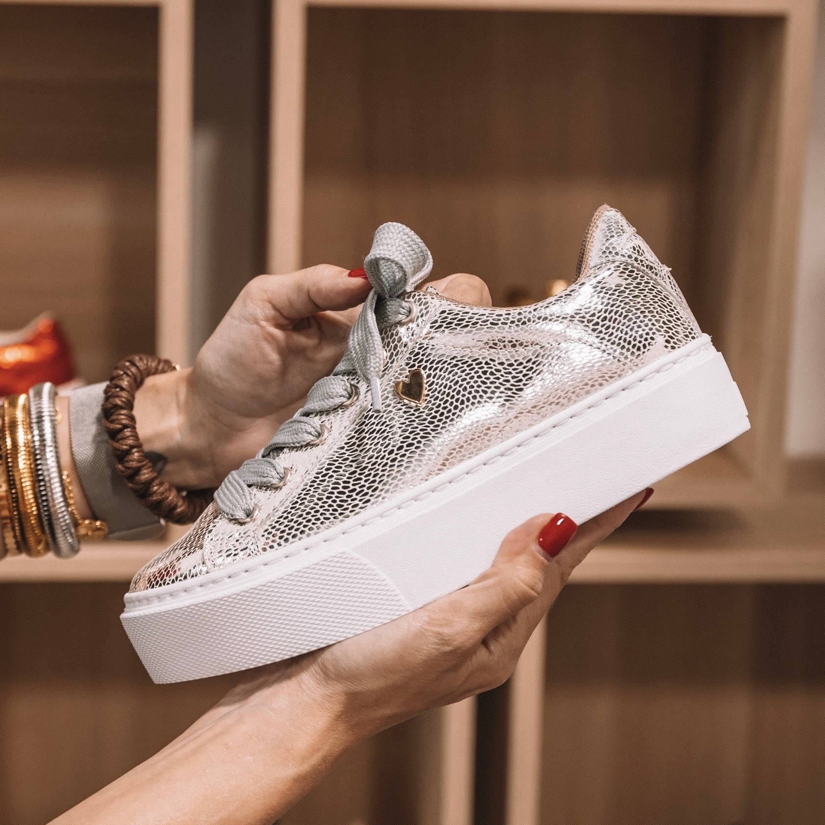 Carmina Sneakers - Silver By Nataly Mendez Genuine leather upper material, Genuine leather insole lining, Rubber platform lining, American sizes, Flexible rubber outsole, Handcrafted 1.5 inch heel height 1 inch platform