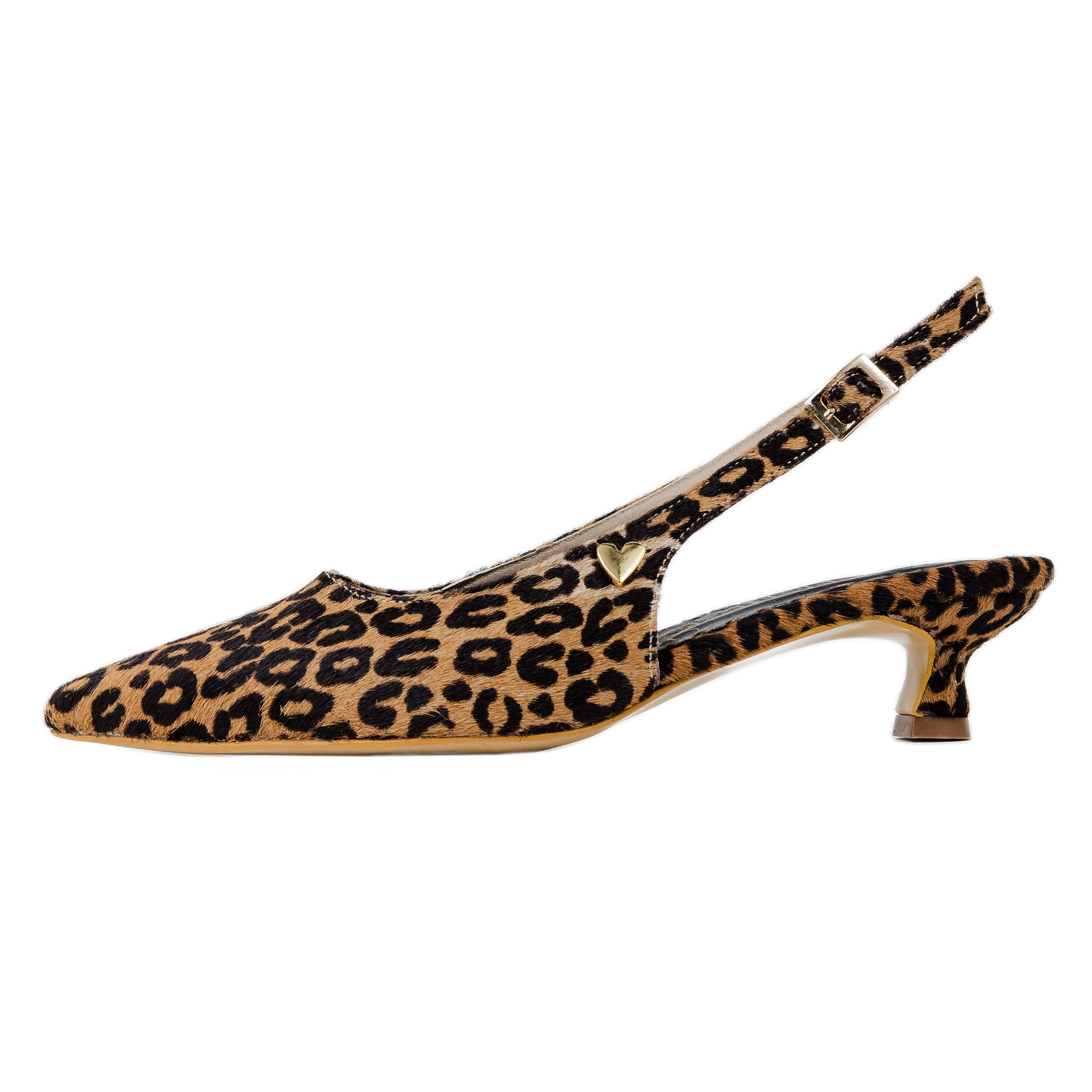 Celia Pointed Kitten Heels - Leopard by Nataly Mendez, Genuine leather upper material, Adjustable, Insole made of leather, Hand made, 1.2 inch heel height, Slingback strap, Pointed toe 