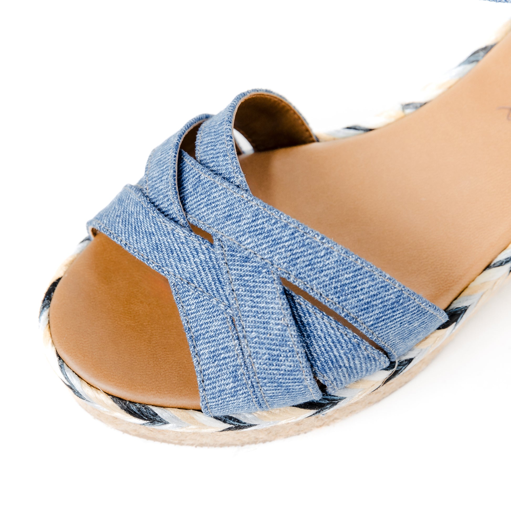 Claudine Sandals Denim - Low High by Nataly Mendez, Denim upper material Genuine leather insole lining Flexible rubber sole Handmade 3 inch high heel 1 inch platform