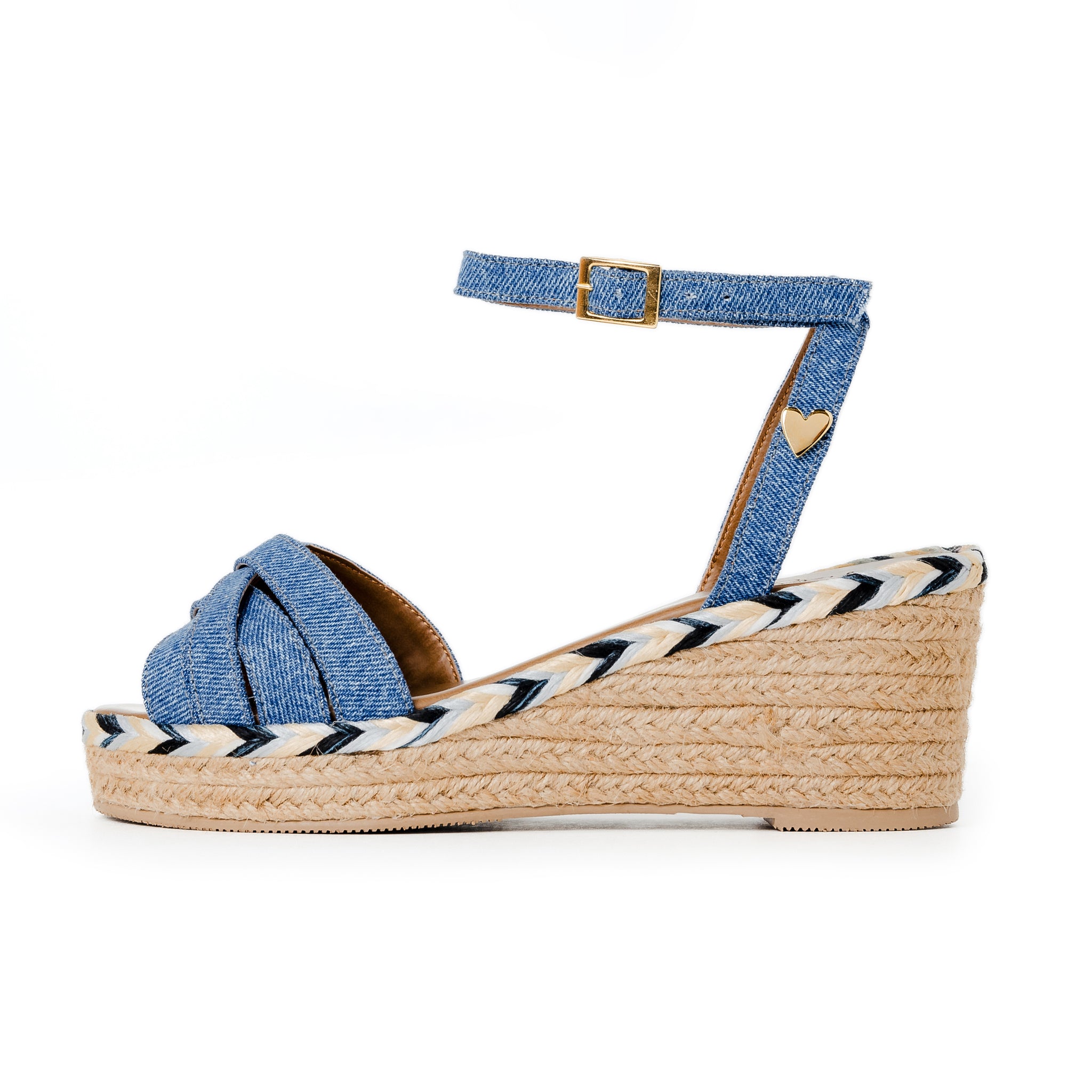 Claudine Sandals Denim - Low High by Nataly Mendez, Denim upper material Genuine leather insole lining Flexible rubber sole Handmade 3 inch high heel 1 inch platform