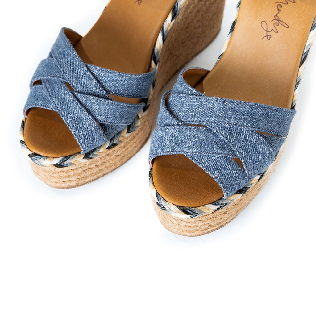 Claudine Sandals - Denim by Nataly Mendez, Denim upper material Genuine leather insole lining Flexible rubber sole Handmade 4.75 inch high heel 1.5 inch platform