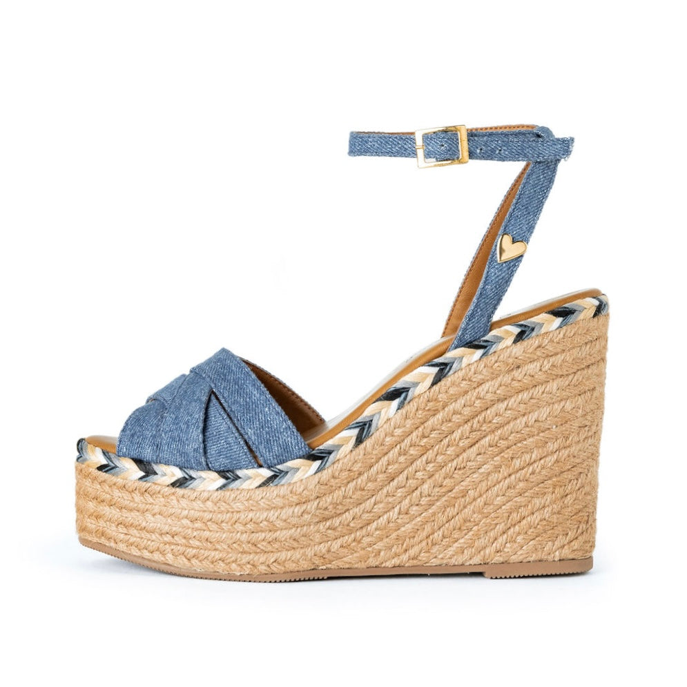 Claudine Sandals - Denim by Nataly Mendez, Denim upper material Genuine leather insole lining Flexible rubber sole Handmade 4.75 inch high heel 1.5 inch platform