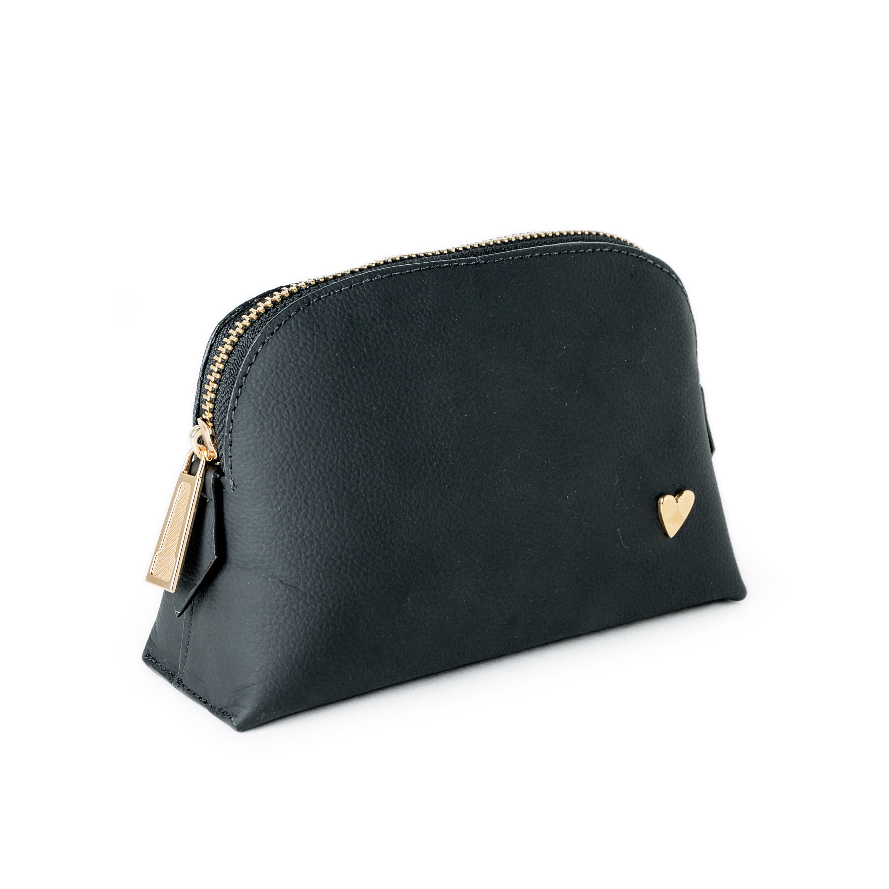 Cosmetic Bag - Black [ Small ] by Nataly Mendez, El portacosméticos no incluye los productos de la imagen. Genuine Leather Signature Heart Interior pocket Designed to stand in their own 4.5" H, 6.5" W, 2"