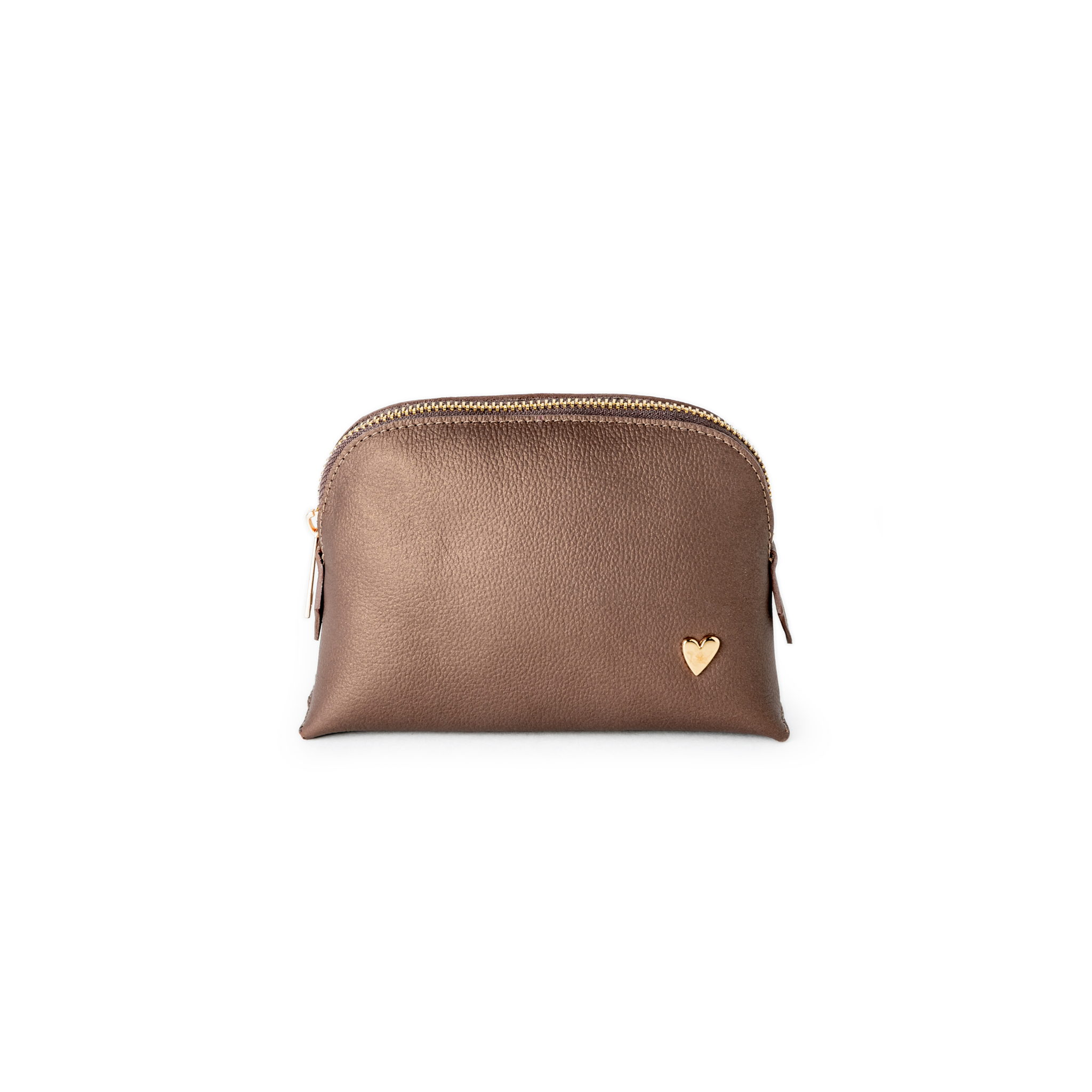 Cosmetic Bag - Brown/Bronze [ Small ] by Nataly Mendez, El portacosméticos no incluye los productos de la imagen. Genuine Leather Signature Heart Interior pocket Designed to stand in their own 4.5" H, 6.5" W, 2" D