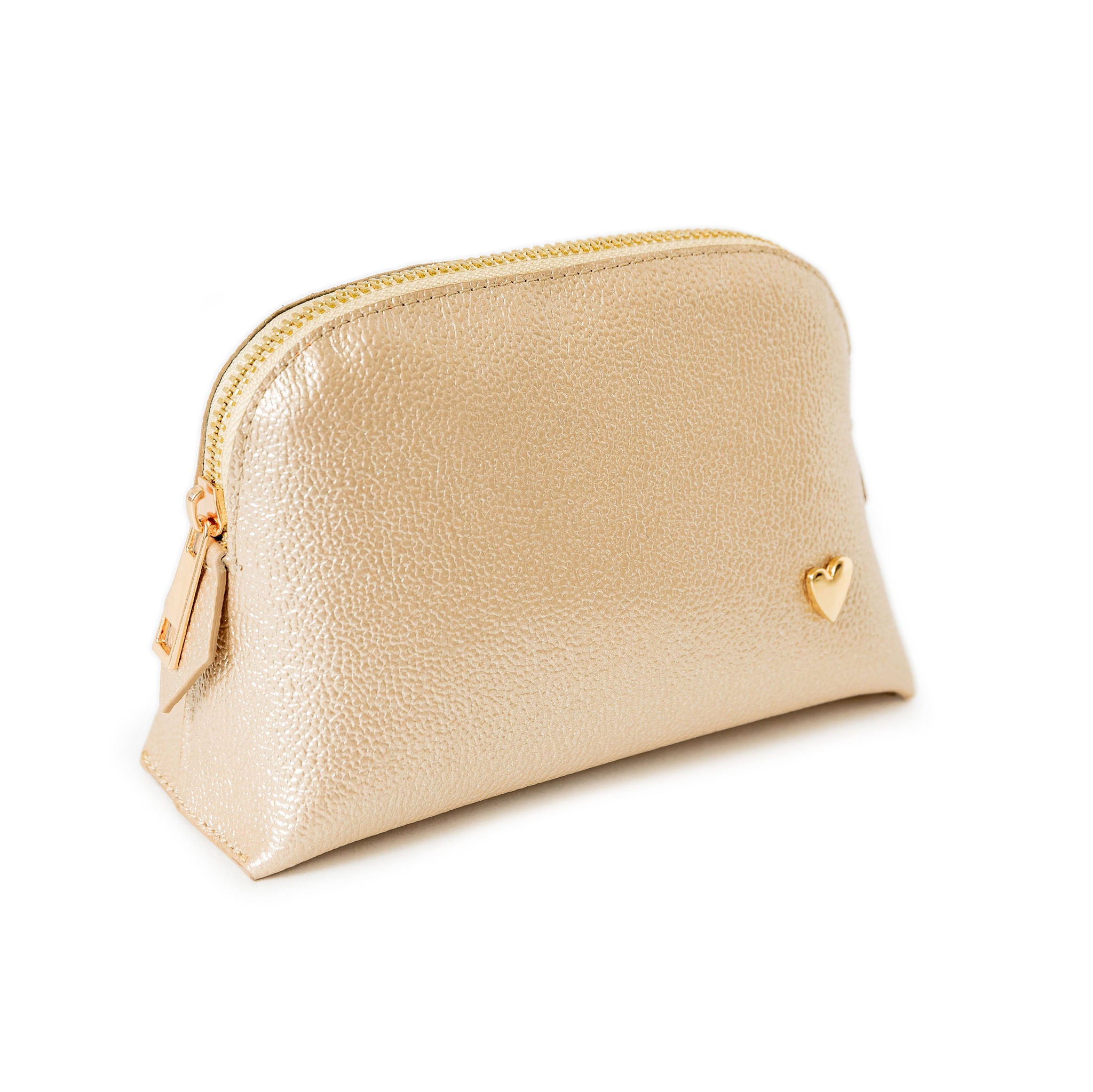 Cosmetic Bag - Gold [ Small ] by Nataly Mendez, El portacosméticos no incluye los productos de la imagen. Genuine Leather Signature Heart Interior pocket Designed to stand in their own 4.5" H, 6.5" W, 2" D