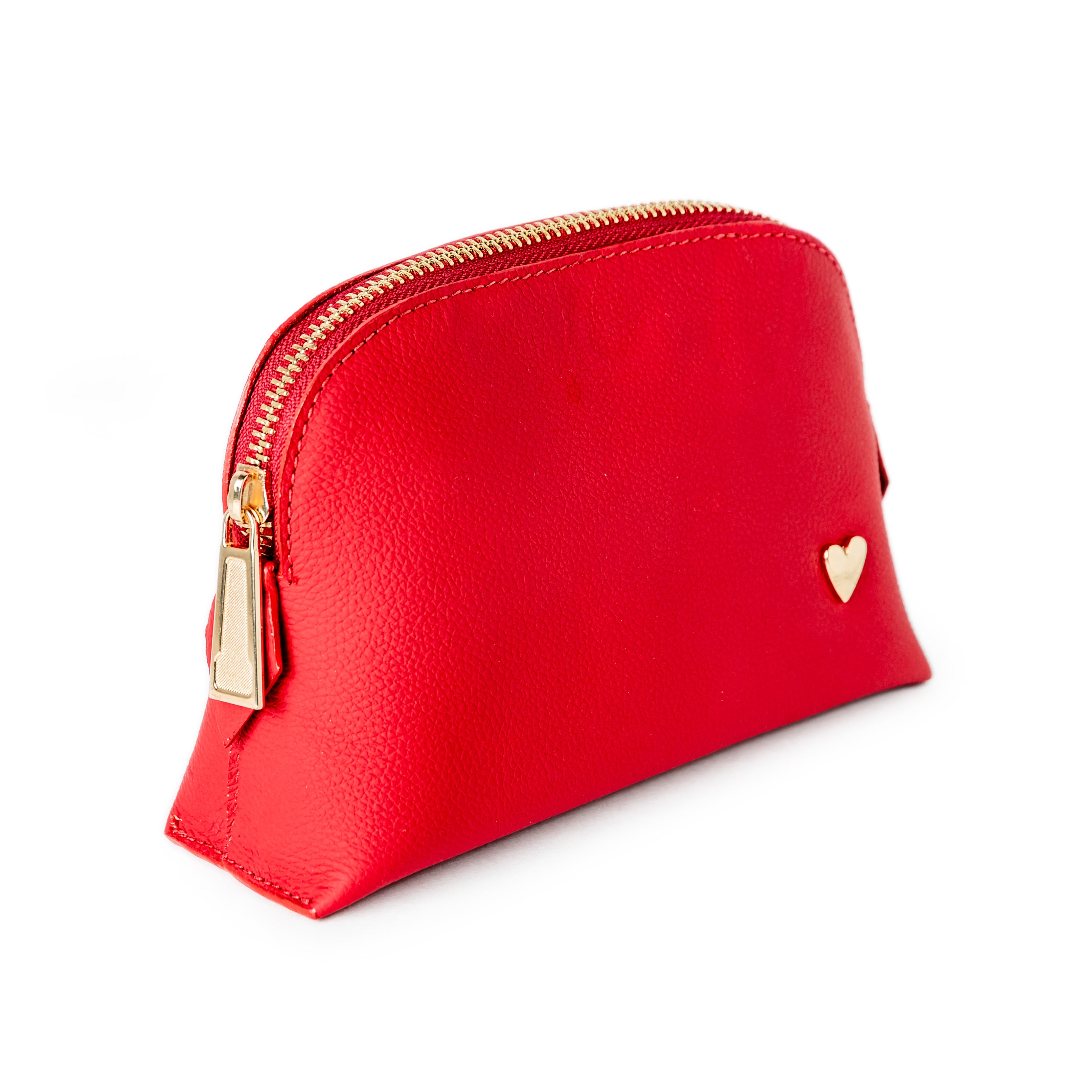 Cosmetic Bag - Red [ Small ] by Nataly Mendez, El portacosméticos no incluye los productos de la imagen. Genuine Leather Signature Heart Interior pocket Designed to stand in their own 4.5" H, 6.5" W, 2" D