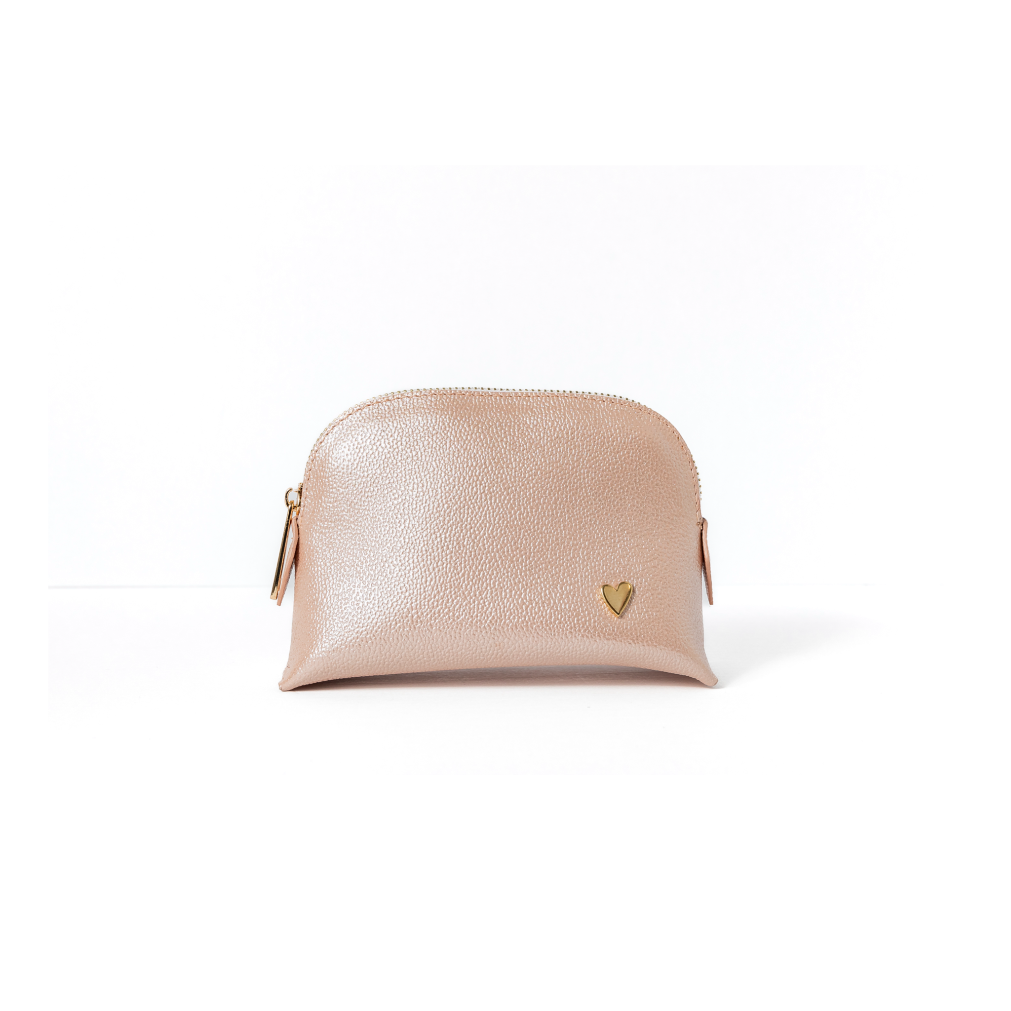 Cosmetic Bag - Rose Gold [ Small ] by Nataly Mendez, El portacosméticos no incluye los productos de la imagen. Genuine Leather Signature Heart Interior pocket Designed to stand in their own 4.5" H, 6.5" W, 2" D