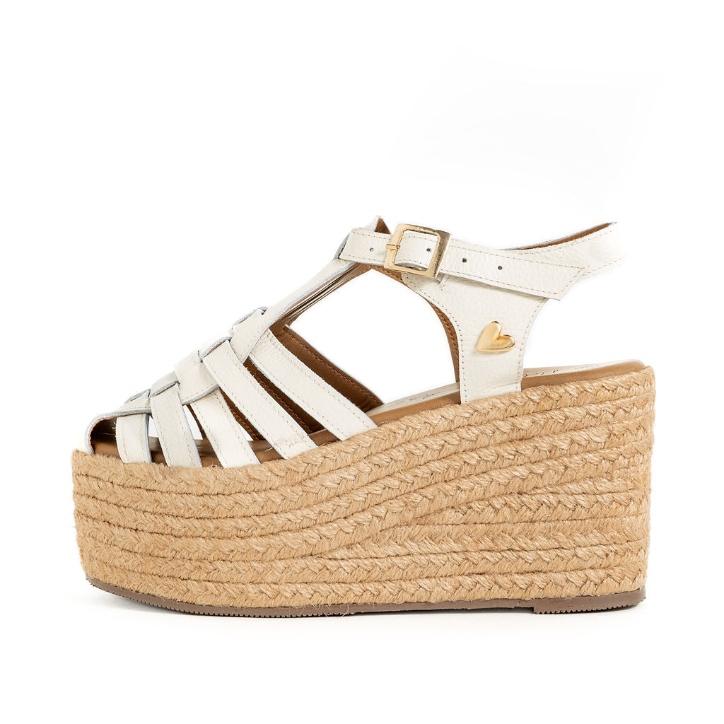 Elena Espadrilles - Marshmallow by Nataly Mendez, Genuine leather upper material Genuine leather insole lining Flexible rubber sole Handmade 3.5 inch high heel 2.1 inch platform