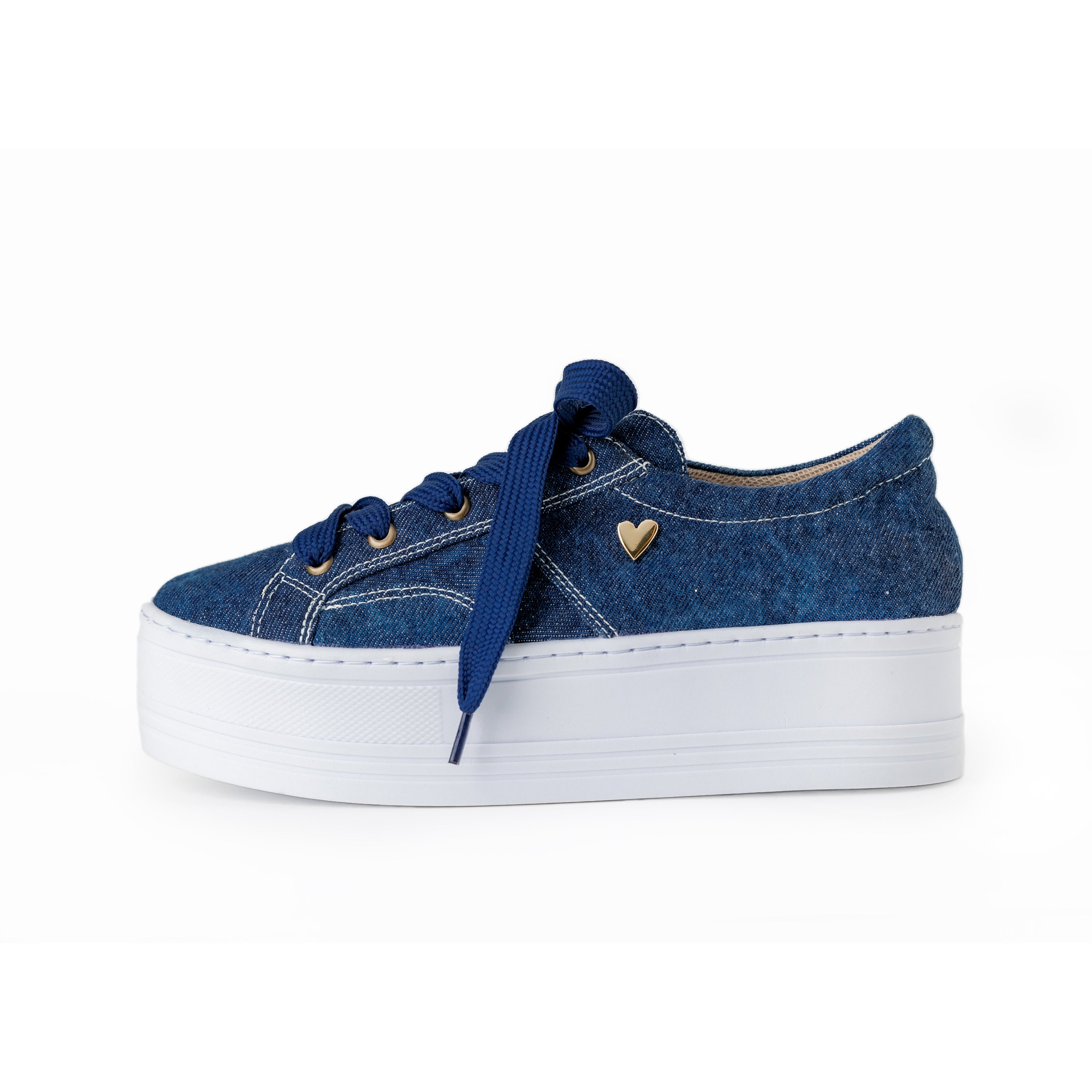 Hannan Sneakers - Denim by Nataly Mendez, Denim material Genuine leather insole lining Rubber platform lining Flexible rubber outsole Handmade 1.75 inch heel height 1 inch platform