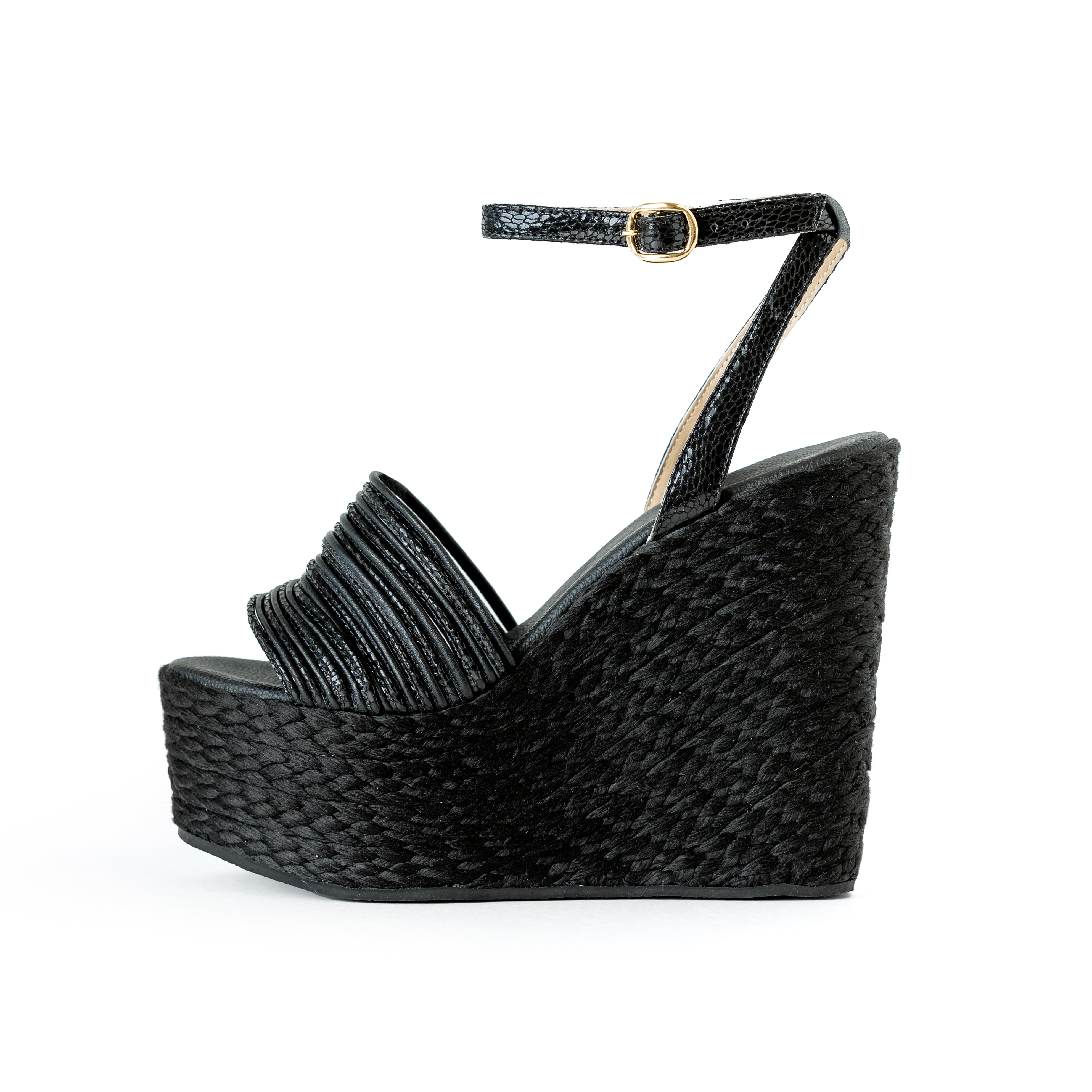 Holly Black Espadrilles by Nataly Mendez, Upper material genuine leather Genuine leather insole lining Flexible rubber sole Handmade 5.5 inch high heel 2.5 inch platform