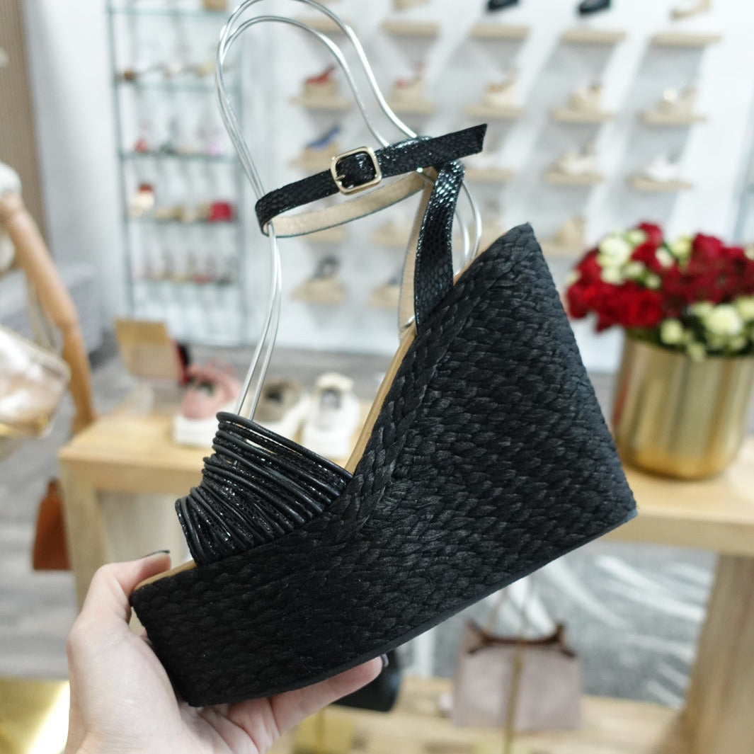 Holly Black Espadrilles by Nataly Mendez, Upper material genuine leather Genuine leather insole lining Flexible rubber sole Handmade 5.5 inch high heel 2.5 inch platform