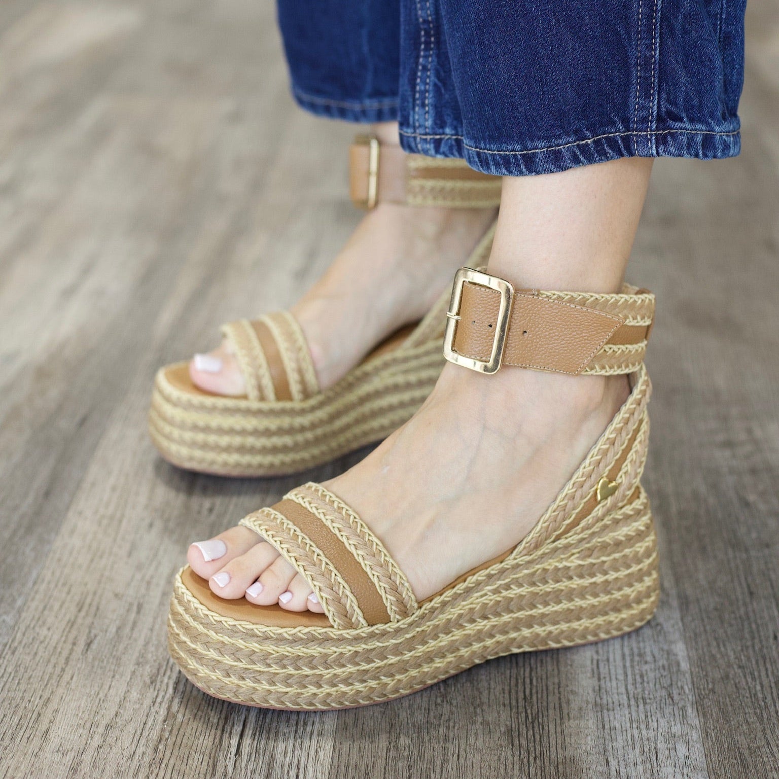 Isis Sandals by Nataly Mendez, Jute upper material, Leather insole lining, 2.75 inch heel height, 2.2 inch platform, Slip-on style.