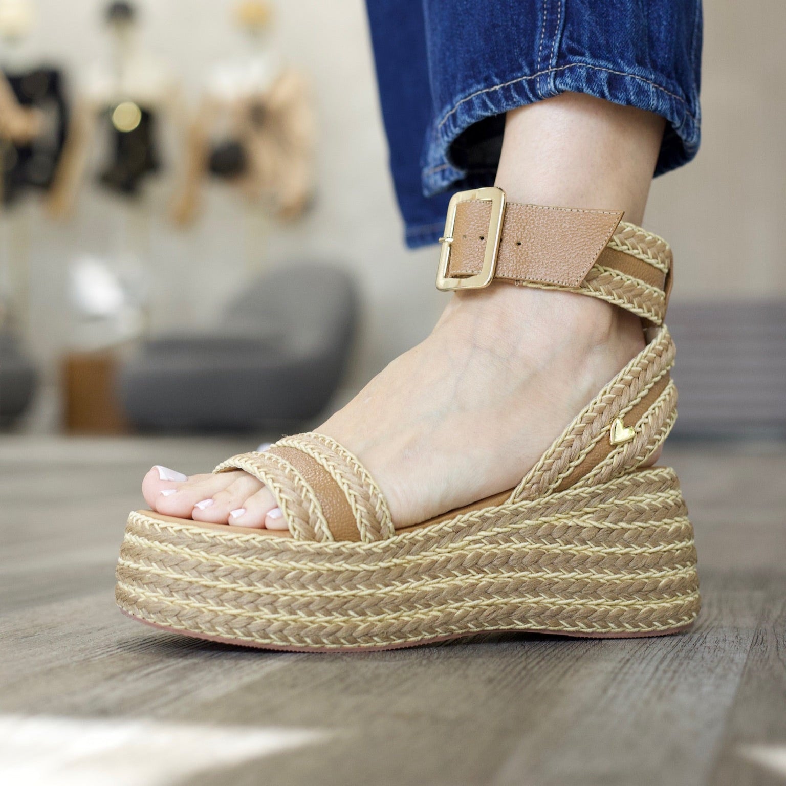 Isis Sandals by Nataly Mendez, Jute upper material, Leather insole lining, 2.75 inch heel height, 2.2 inch platform, Slip-on style.