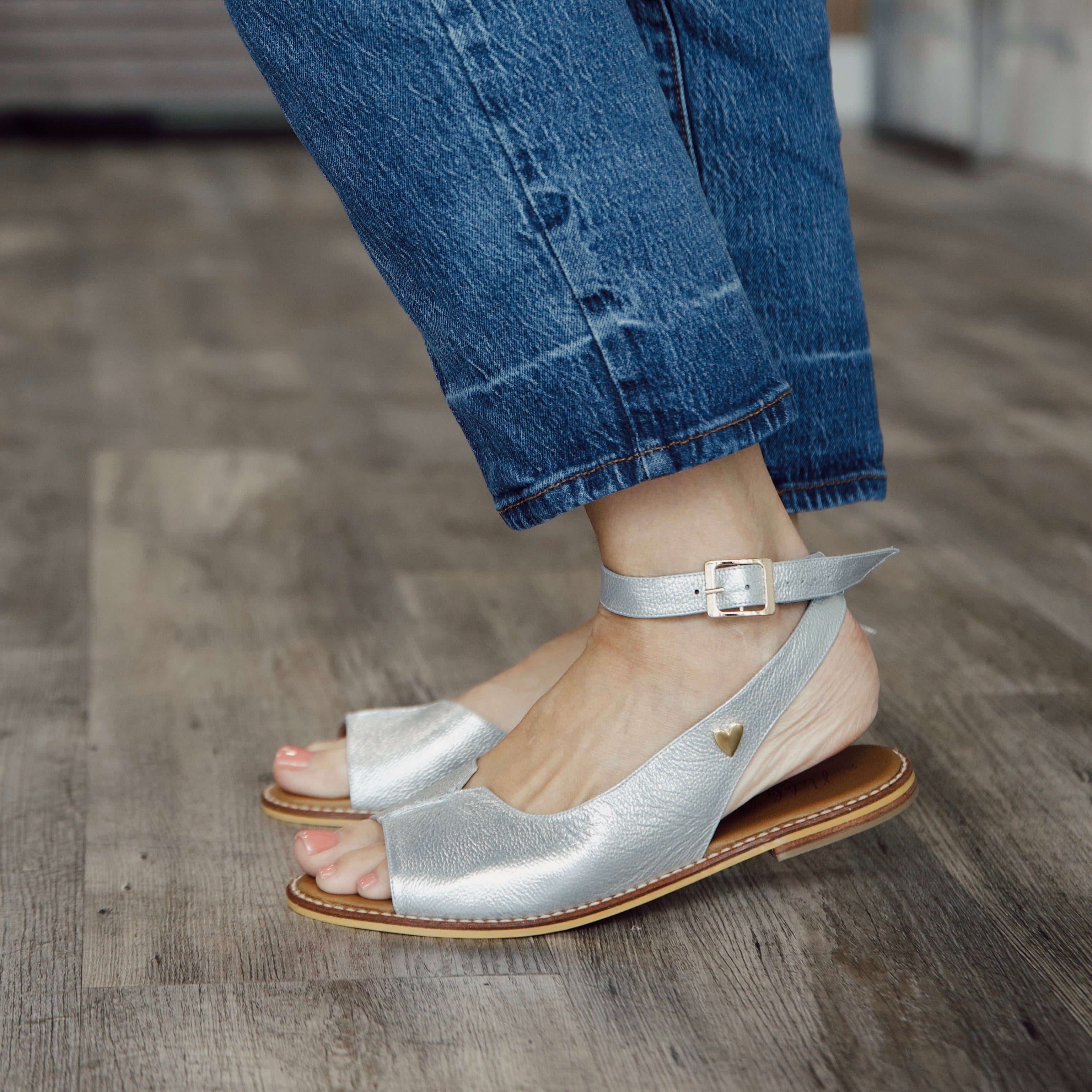 Jess Flat Sandals - Silver by Nataly Mendez, Genuine leather; Insole lining made of leather Italian, Heel height .5 cm Handmade