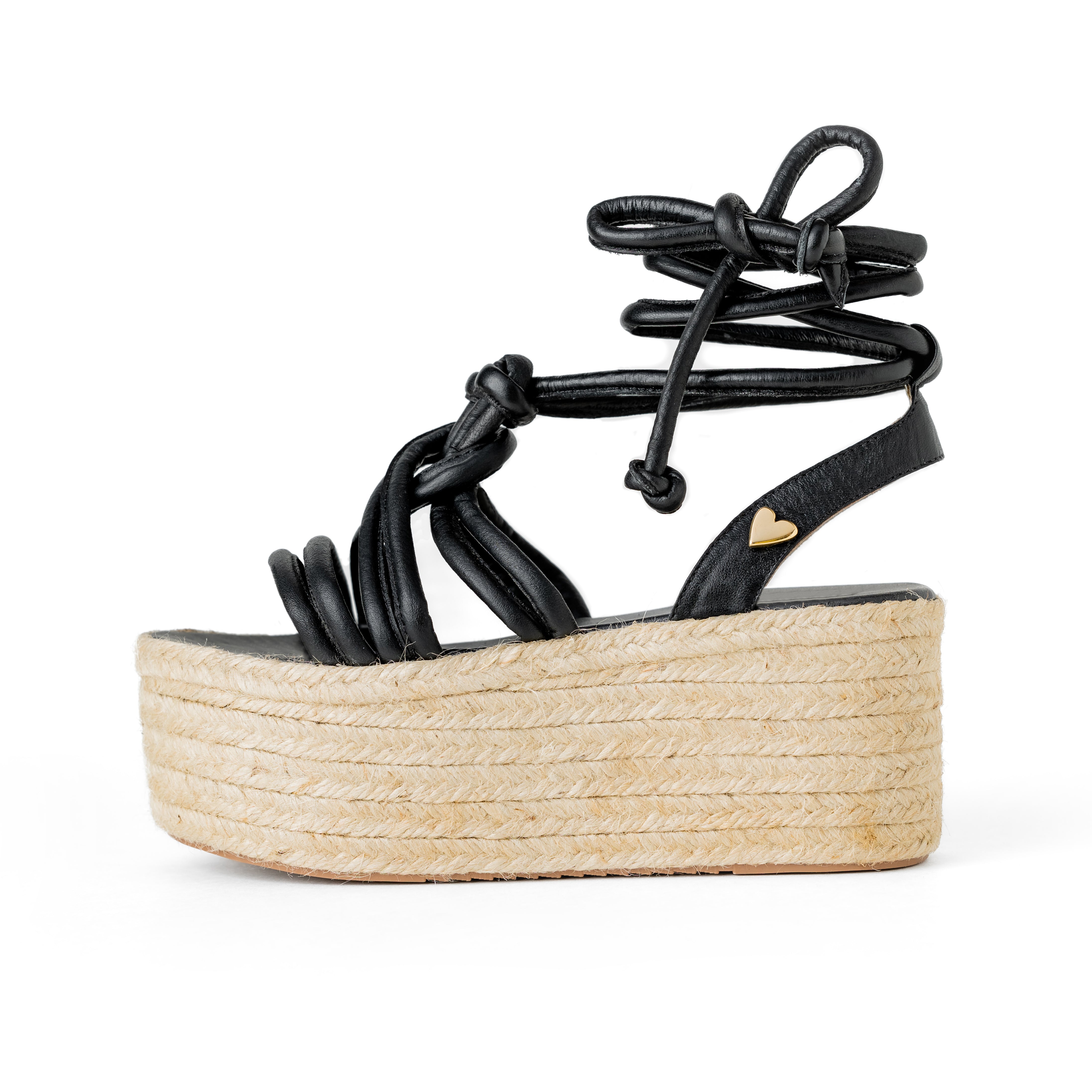 Kassy Espadrilles - Black by Nataly Mendez, Its base is lined with natural jute Genuine leather upper Adjustable straps Genuine Leather Handmade 3-inch heel height 2.5 inch platform