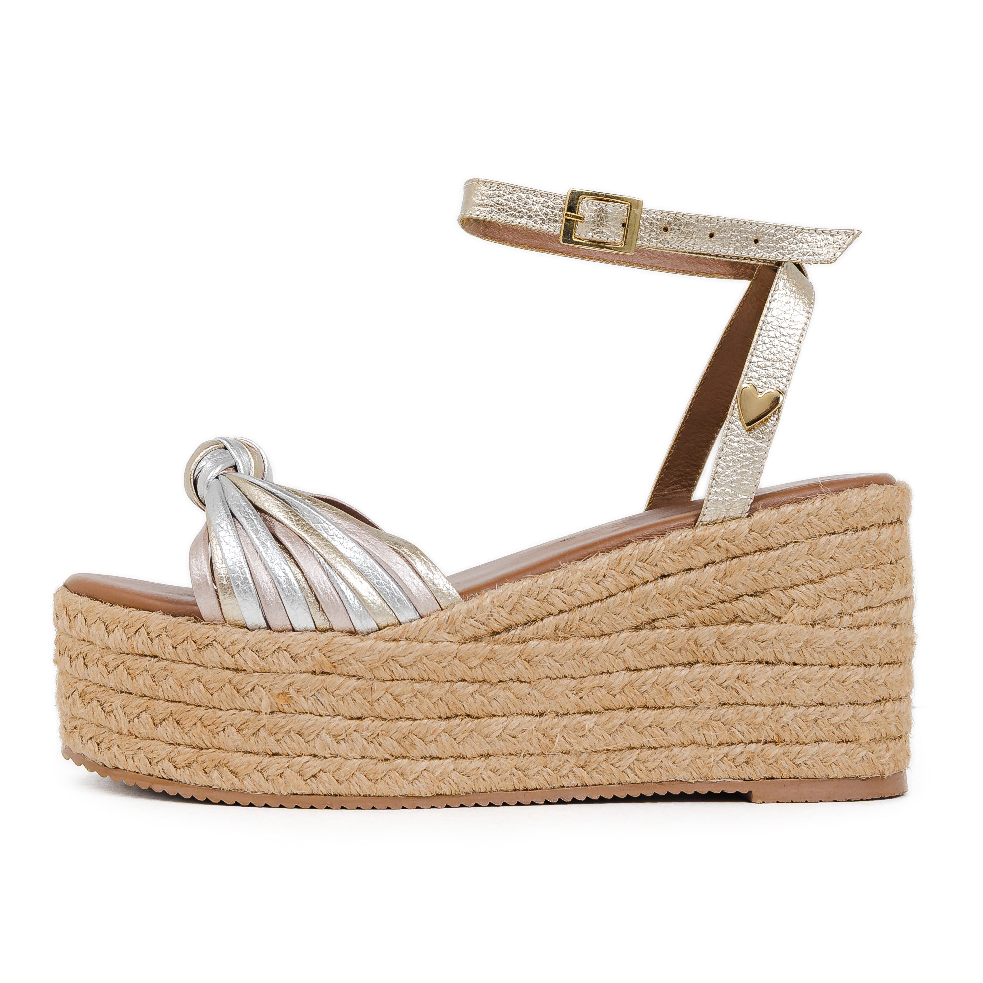 Lolly Espadrilles - Metallic Trio - Low High by Nataly Mendez, Genuine leather upper material, Genuine leather insole lining, Flexible rubber sole, Handmade, 3.75 inch high heel, 2 inch platform
