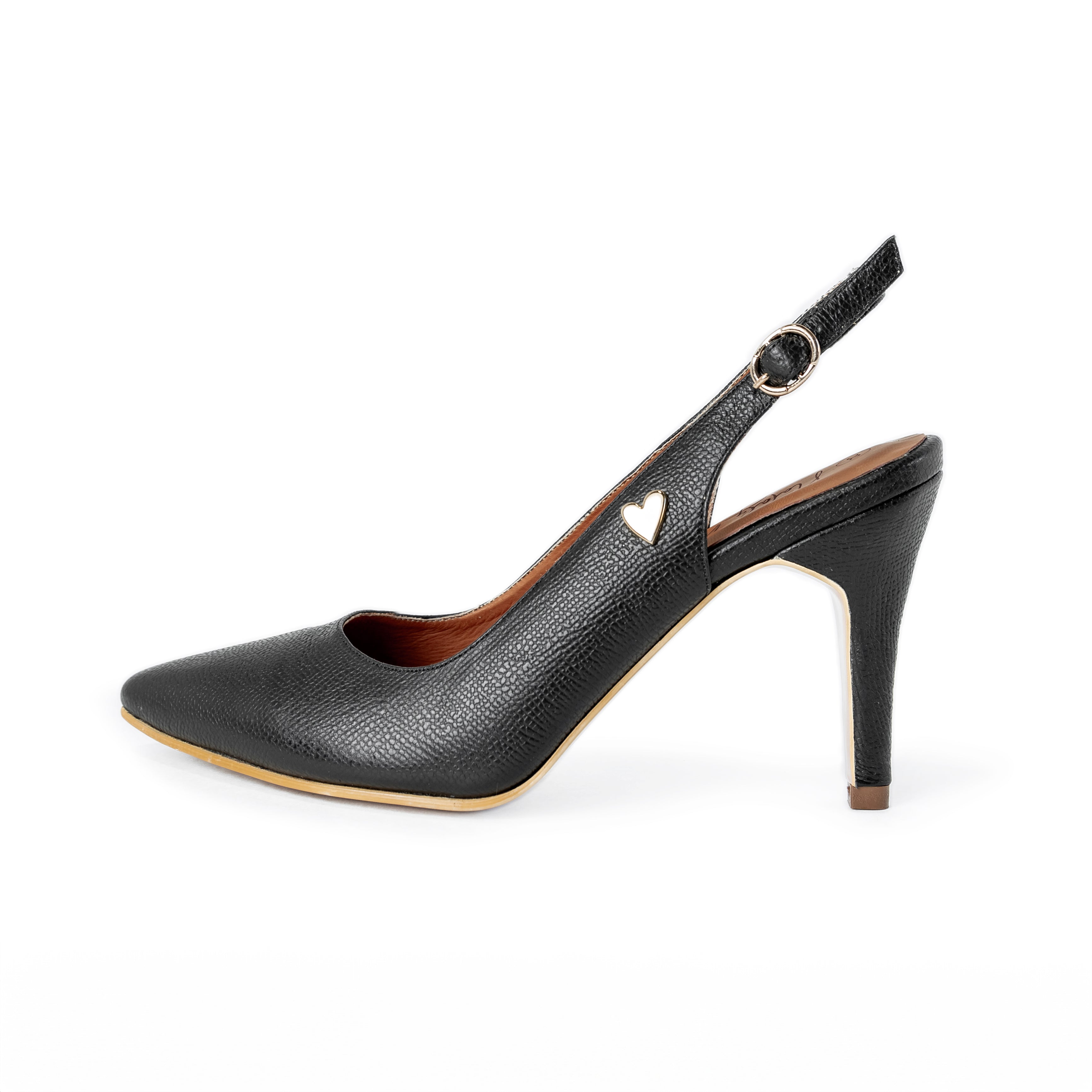 Lorie - Black by Nataly Mendez, Genuine leather upper material Adjustable Insole made of leather Hand made 3.5 inch heel height Slingback strap Pointed toe