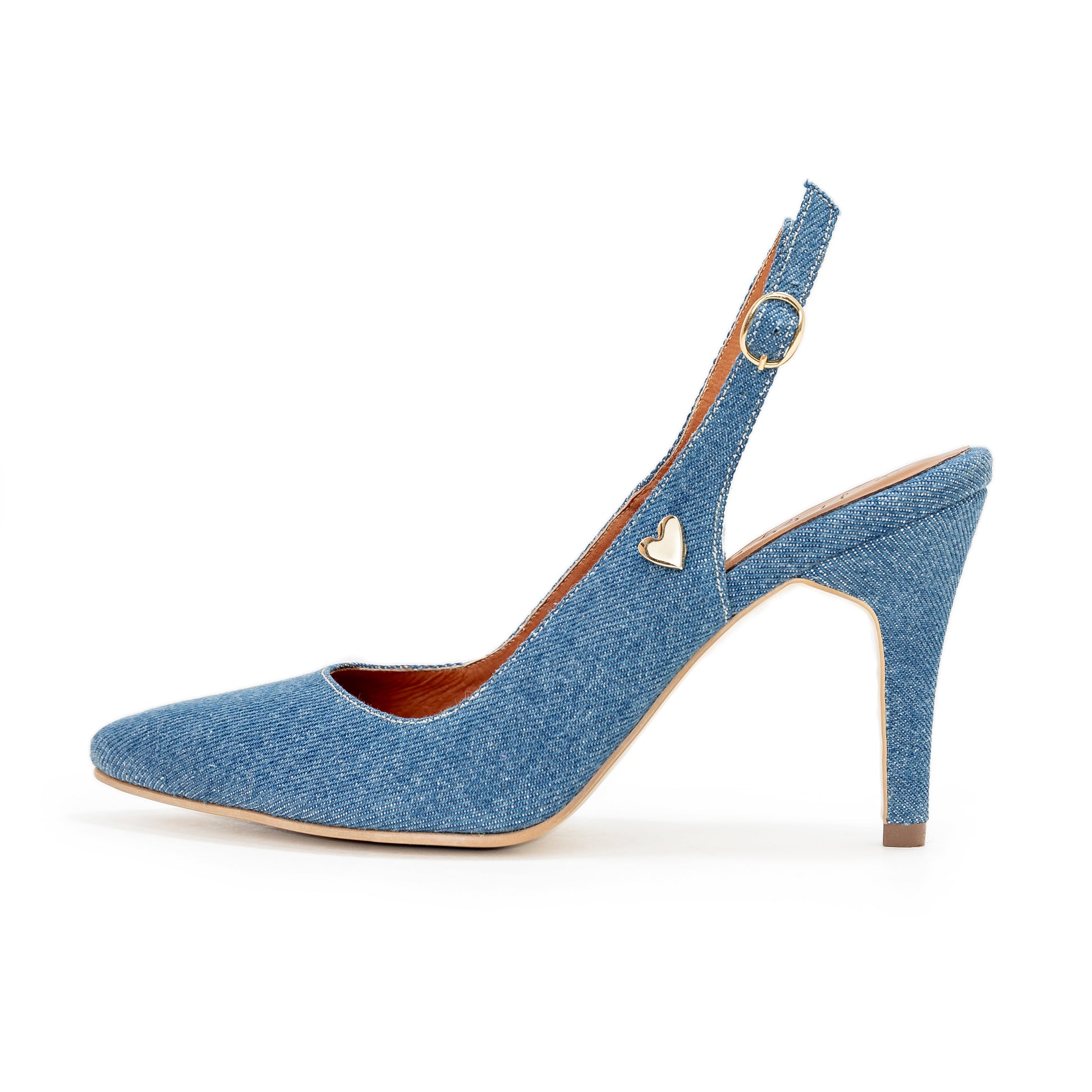 Lorie - Denim by Nataly Mendez, Denim upper material Adjustable Insole made of leather Hand made 3.5 inch heel height Slingback strap Pointed toe