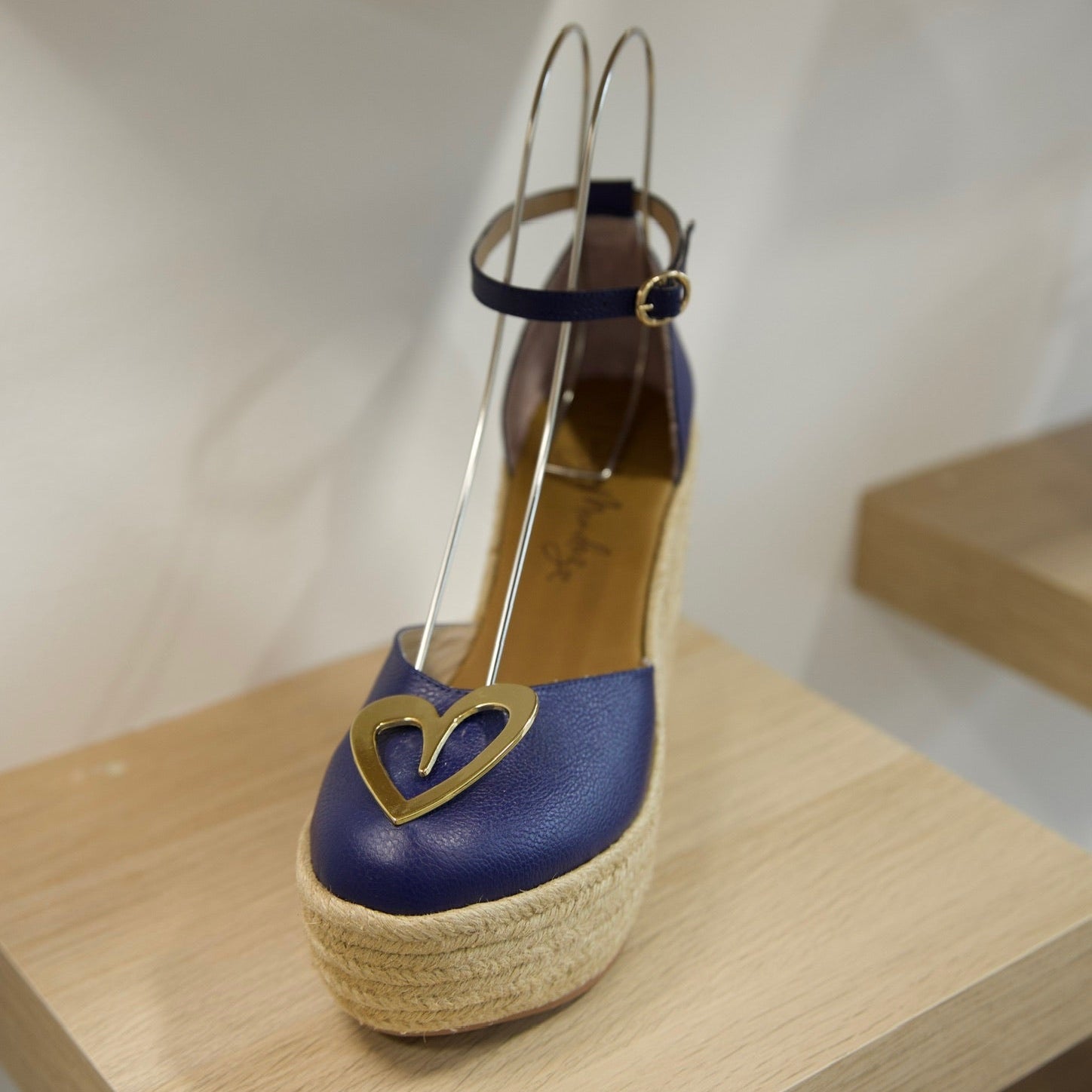 Love Blue Espadrilles by Nataly Mendez, Natural jute base Genuine leather upper Genuine leather insole. 100% made in Colombia! 4 inch heel height 1.75 inch platform Comes with strap closure and beige hiladilla laces.