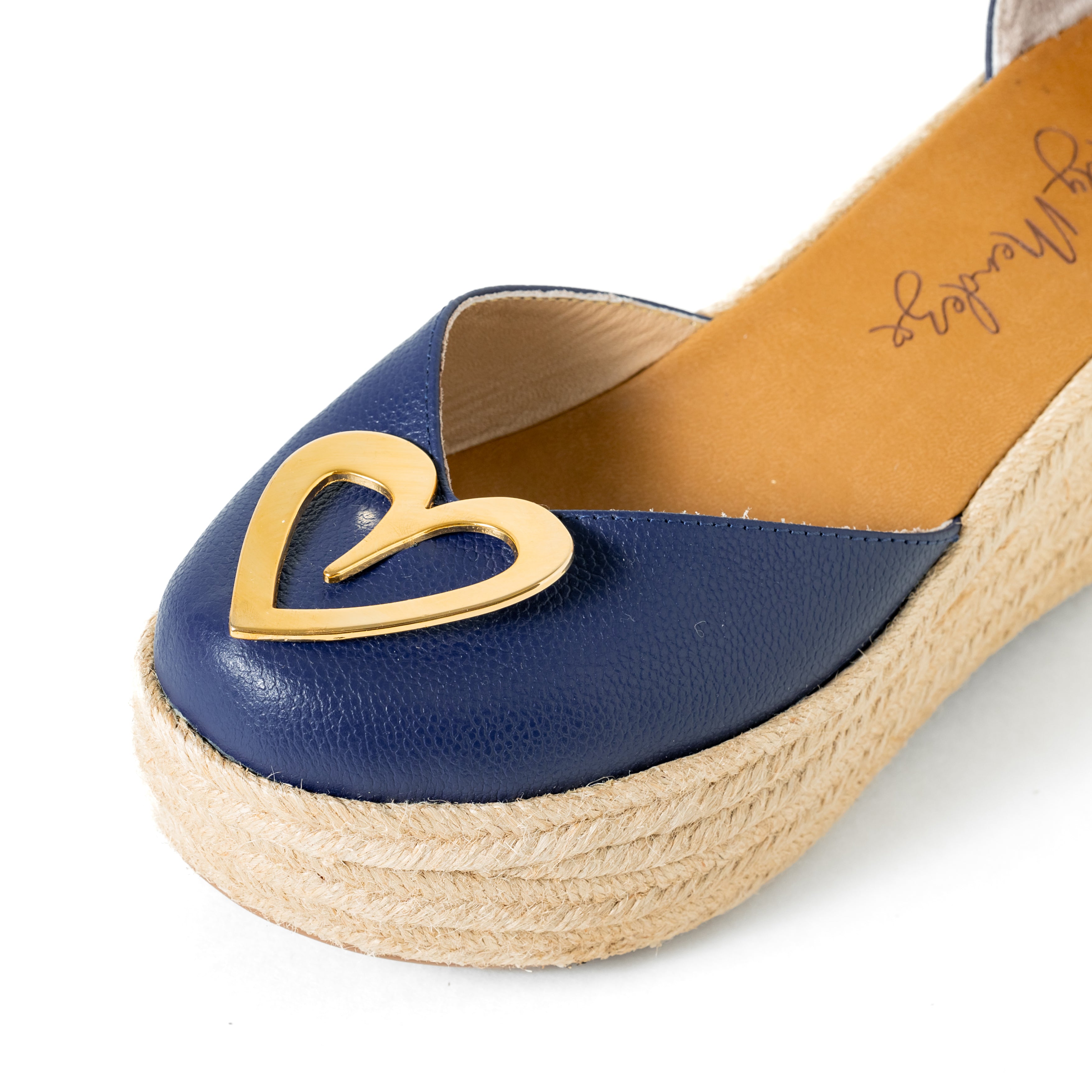 Love Blue Espadrilles by Nataly Mendez, Natural jute base Genuine leather upper Genuine leather insole. 100% made in Colombia! 4 inch heel height 1.75 inch platform Comes with strap closure and beige hiladilla laces.