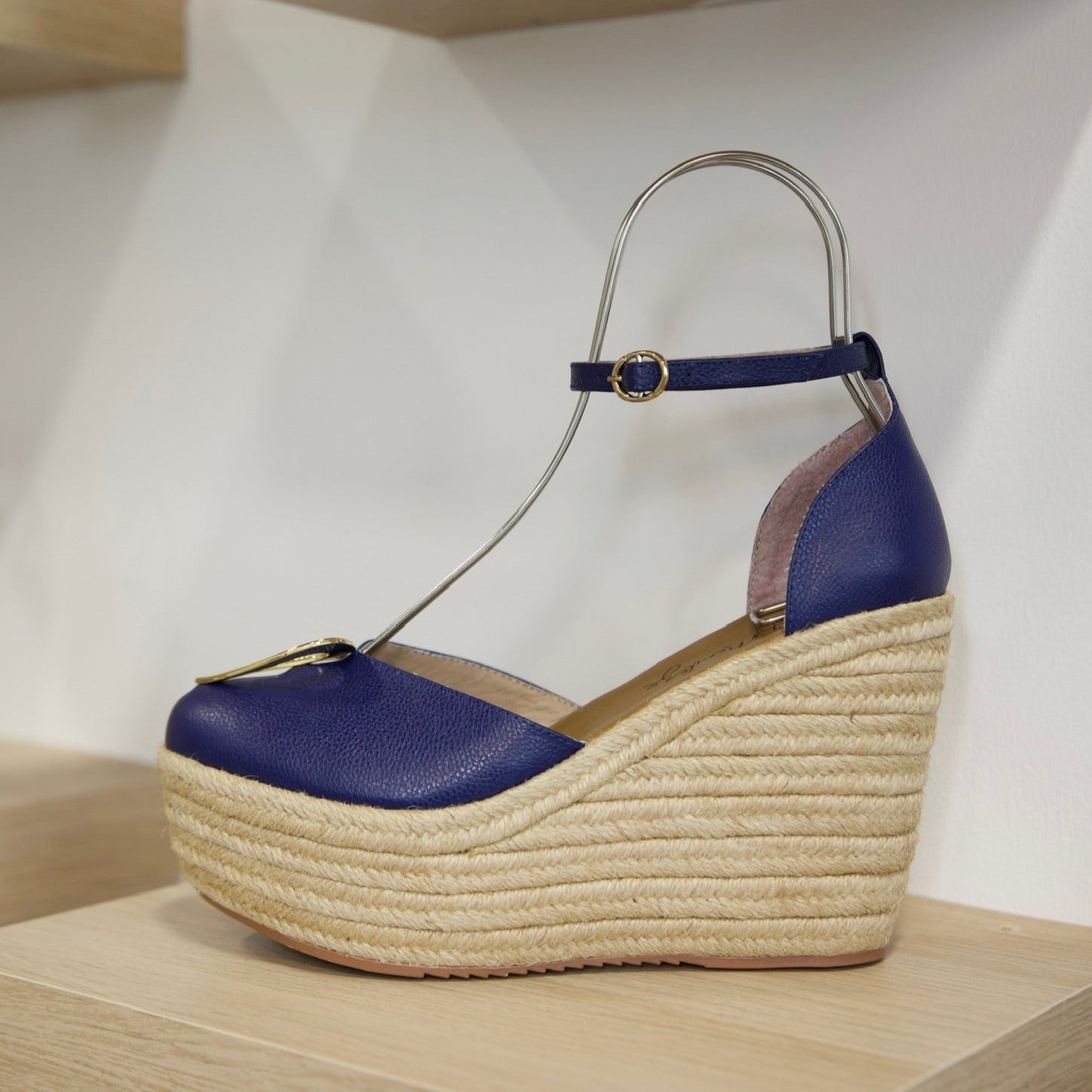 Love Blue Espadrilles by Nataly Mendez, Natural jute base Genuine leather upper Genuine leather insole. 100% made in Colombia! 4 inch heel height 1.75 inch platform Comes with strap closure and beige hiladilla laces.