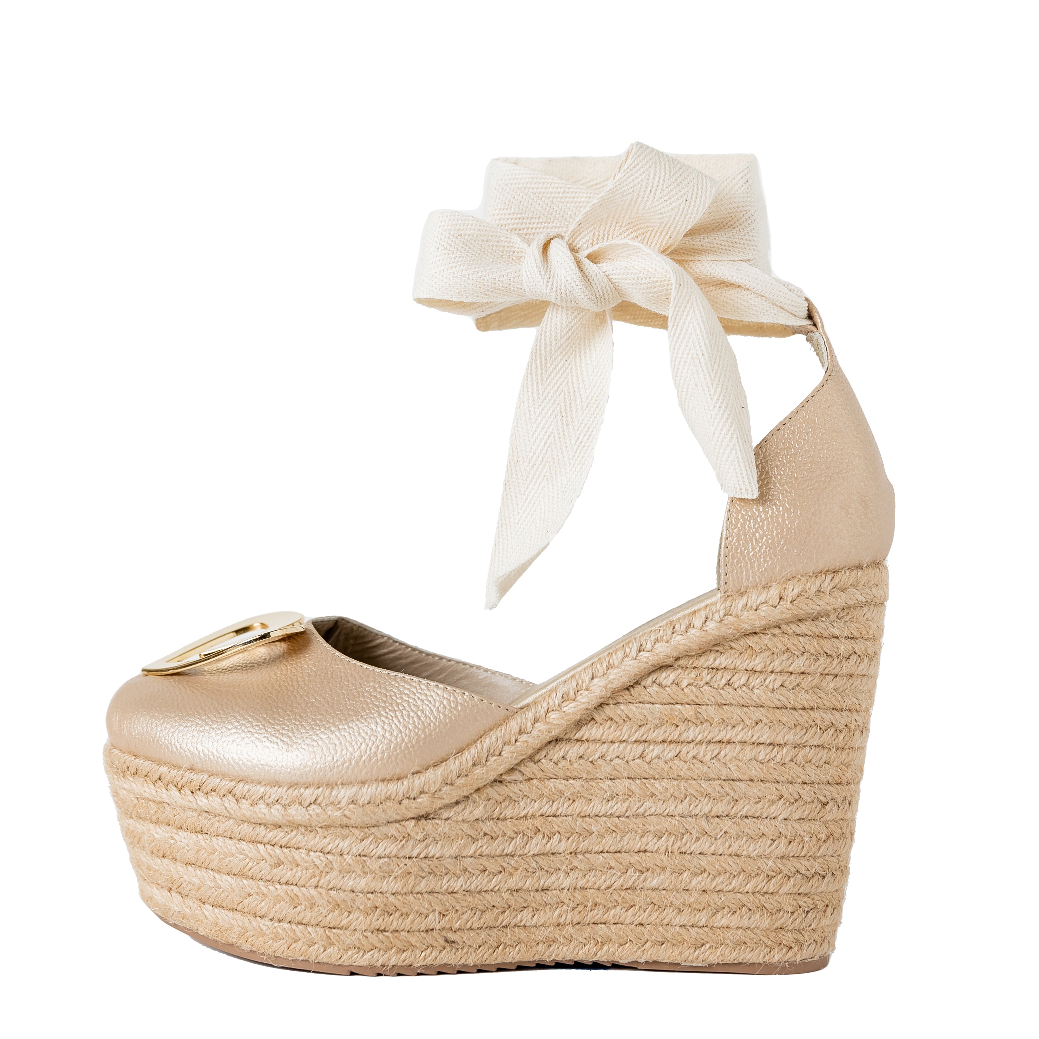 Love Espadrilles - Gold Dual by Nataly Mendez, Natural jute base Genuine leather upper Genuine leather insole. 100% made in Colombia! 4 inch heel height 1.75 inch platform Comes with strap closure and beige hiladilla laces.