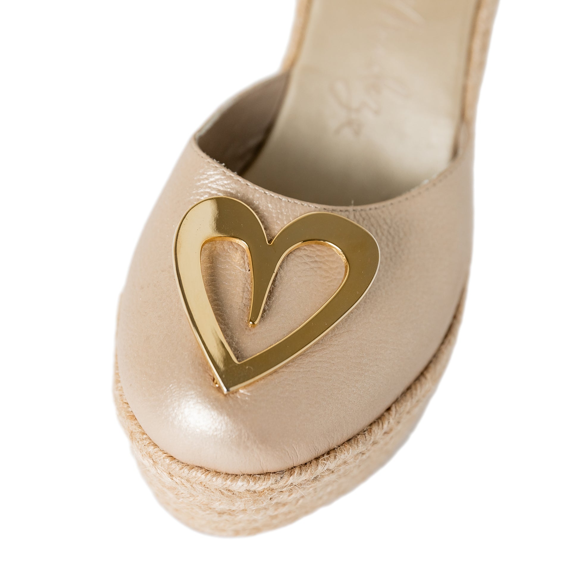 Love Gold Espadrilles - Low High by Nataly Mendez, Natural jute base Genuine leather upper Genuine leather insole. 100% made in Colombia! 3 inch heel height 1.75 inch platform Comes with strap closure and beige hiladilla laces.