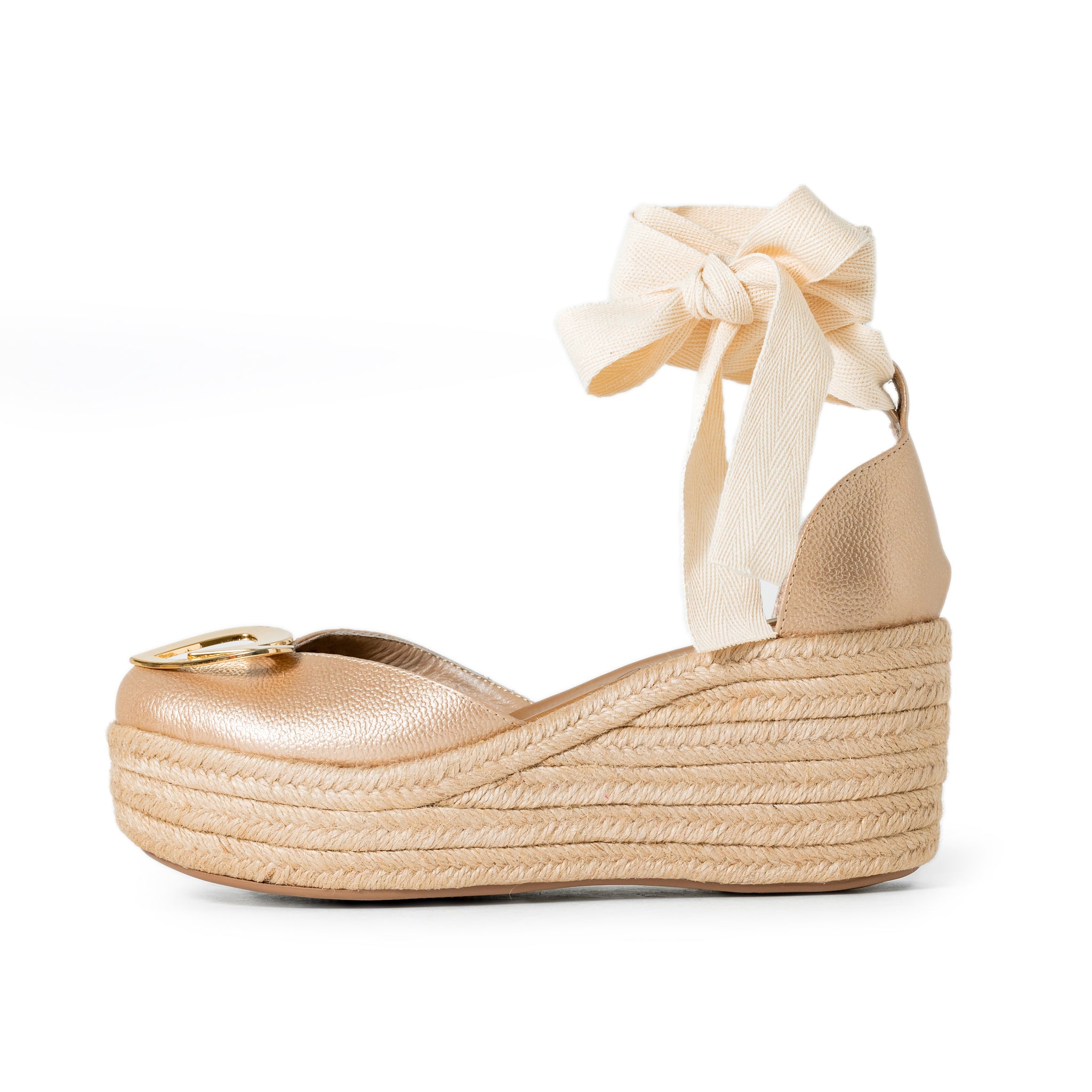 Love Gold Espadrilles  - Low High by Nataly Mendez, Natural jute base Genuine leather upper Genuine leather insole. 100% made in Colombia! 3 inch heel height 1.75 inch platform Comes with strap closure and beige hiladilla laces.