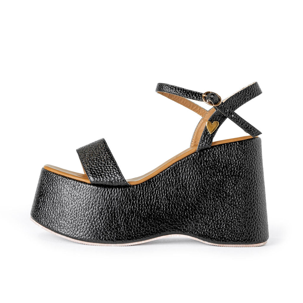 Olivia Black Sandals by Nataly Mendez, Squared tip Genuine leather; upper material Genuine leather insole lining Flexible rubber sole Handmade 4 inch high heel 2 inch platform