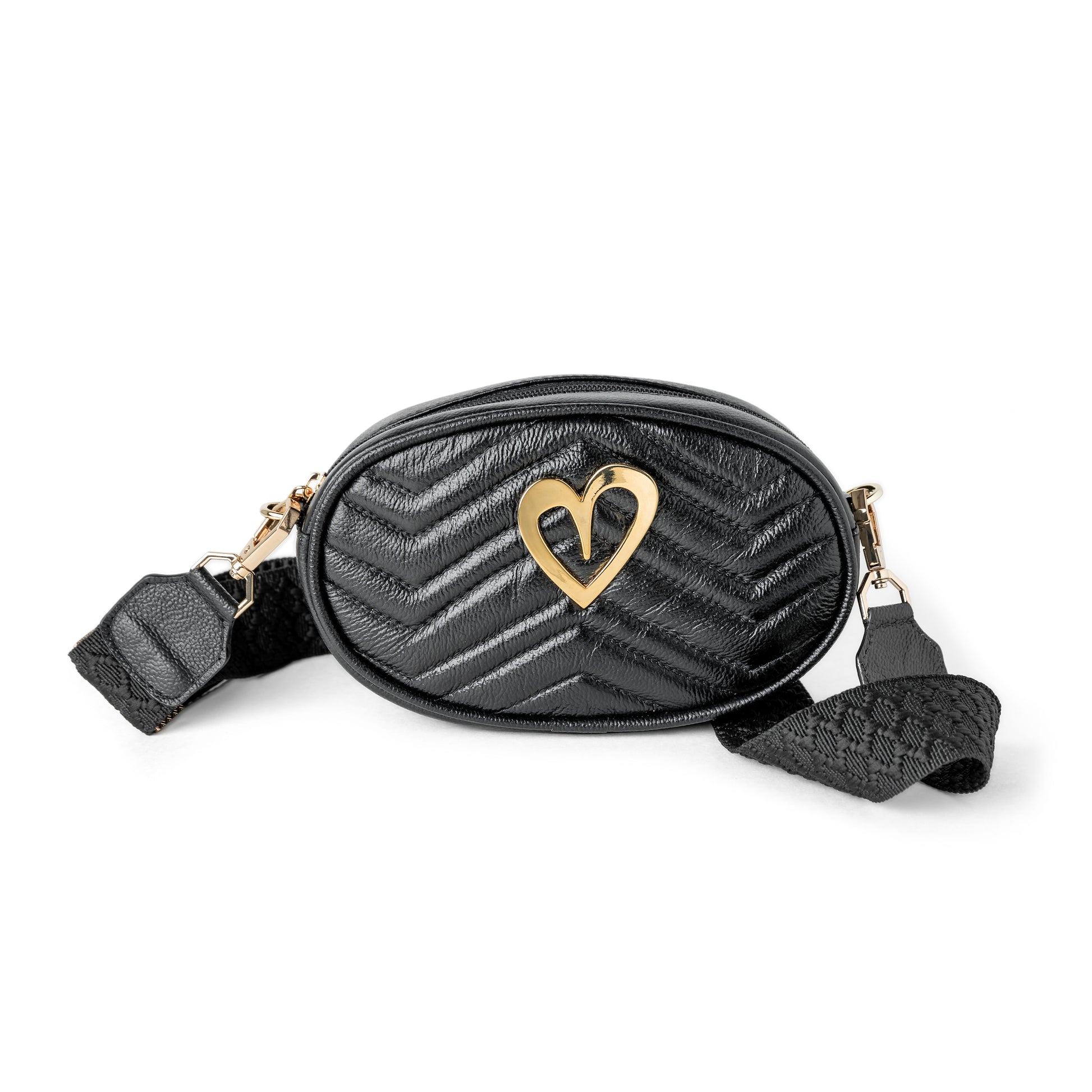 Pamela Multi Bag - Black by Nataly Mendez, Genuine Leather Adjustable 5" x 7" Gold Heart Medida del cinturón: 42.5” Incluye correa y strap.