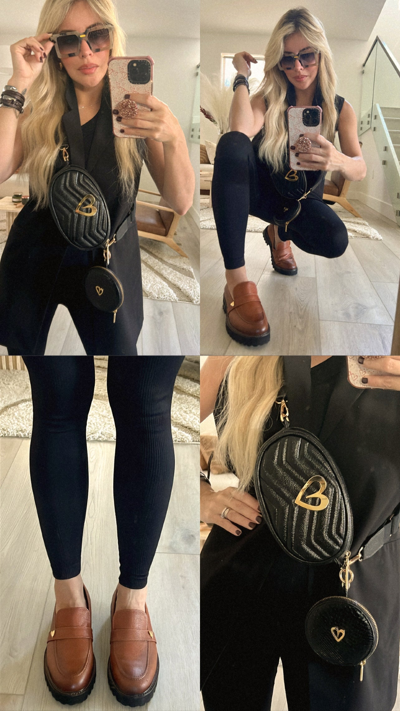 Pamela Multi Bag - Black by Nataly Mendez, Genuine Leather Adjustable 5" x 7" Gold Heart Medida del cinturón: 42.5” Incluye correa y strap.