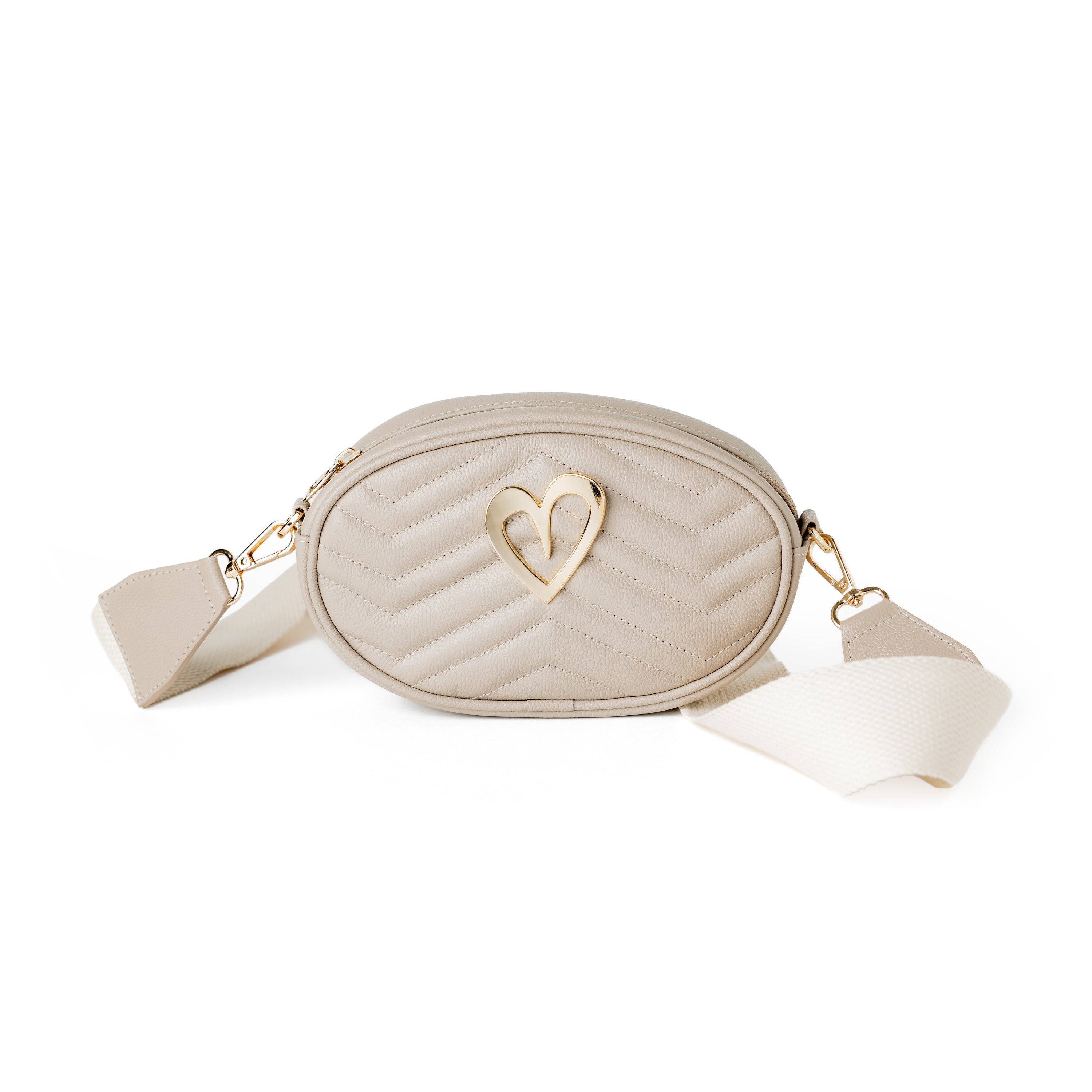 Pamela Multi Bag - Nude by Nataly Mendez, Genuine Leather Adjustable 5" x 7" Gold Heart Medida del cinturón: 42.5” Incluye correa y strap.