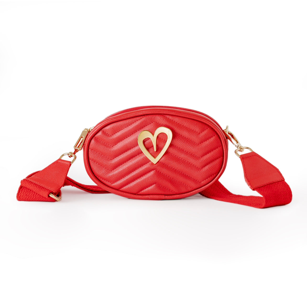 Pamela Multi Bag - Red by Nataly Mendez, Genuine Leather Adjustable 5" x 7" Gold Heart Medida del cinturón: 42.5” Incluye correa y strap.