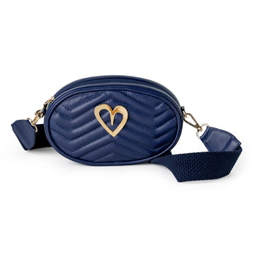 Pamela Multi Bag - Azul by Nataly Mendez, Genuine Leather Adjustable 5" x 7" Gold Heart Medida del cinturón: 42.5” Incluye correa y strap.