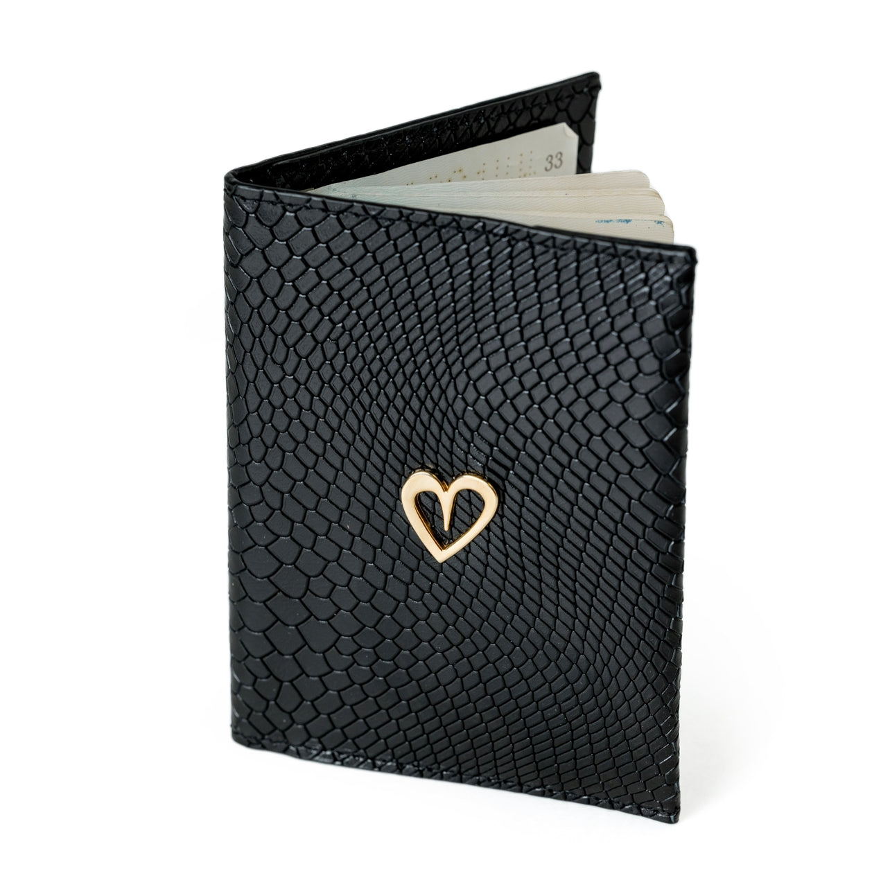 Passport Holder - Black by Nataly Mendez, Genuine Leather Two cards slot Gold Heart