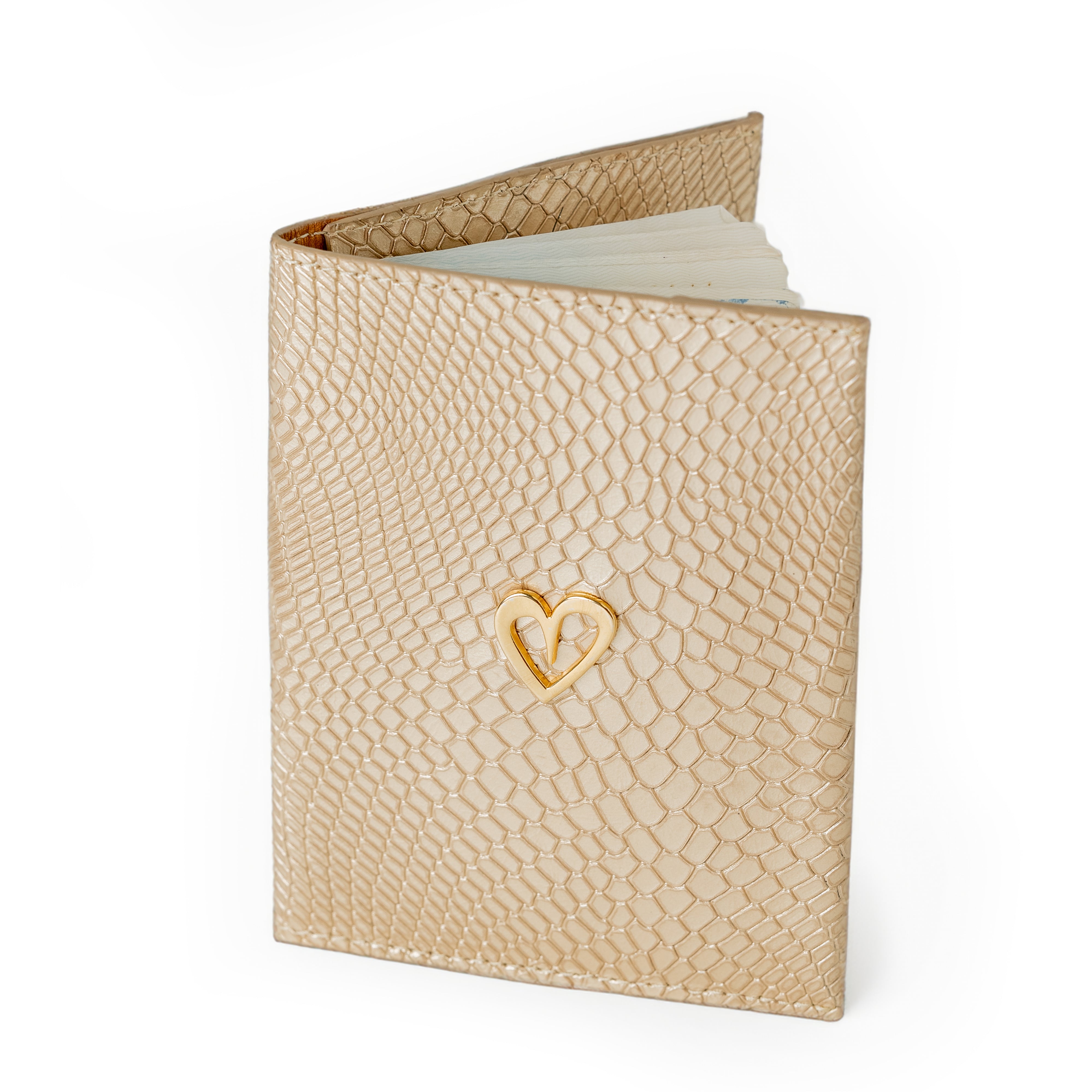 Passport Holder - Gold by Nataly Mendez, Genuine Leather Two cards slot Gold Heart