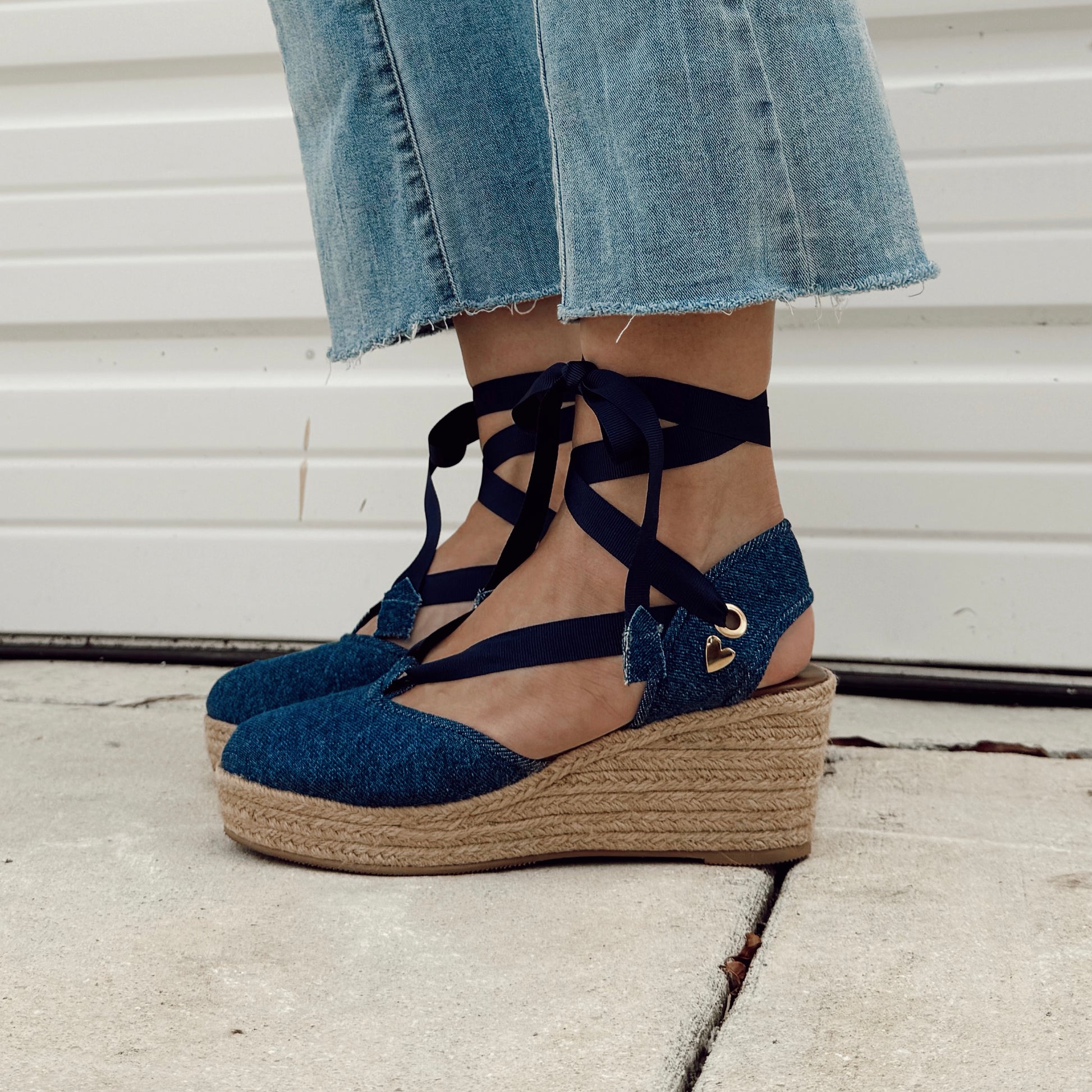 Patrizia Espadrilles - Denim Low High by Nataly Mendez, Denim upper material Lace-up style Flexible rubber sole Handmade 2.85 inch high heel 1.10 inch platform